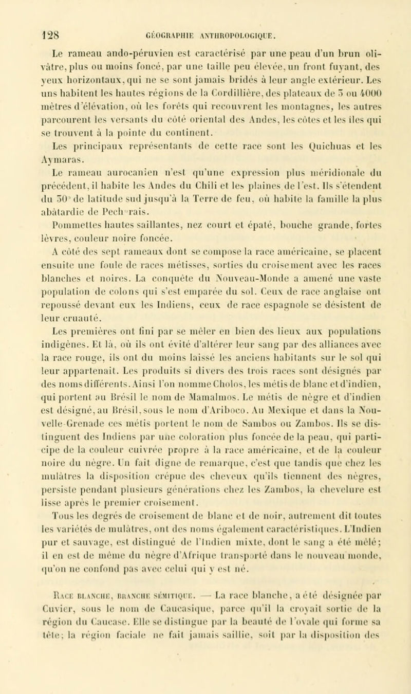 Le rameau ando-péruvien est caractérisé par une peau d'un brun oli- vâtre, plus ou moins foncé, par une taille peu élevée,un front fuyant, des veux horizontaux,qui ne se sont jamais bridés à leur angle extérieur. Les uns habitent les hautes régions de la Cordillière, des plateaux de ~> ou 1000 métrés d'élévation, ou les forêts qui recouvrent les montagnes, les autres parcourent les versants du côté oriental des Andes, les côtes el les Iles qui se trouvent à la pointe du continent. Les principaux représentants de celte race sont les Quichuas et les Aymaras. Le rameau aurocanien n'est qu'une expression plus méridionale du précédent, il habite les Andes du Chili el les plaines de l'est. Ils s'étendent du 50 de latitude sud jusqu'à la Terre de feu. où habité la famille la plus abâtardie de Pech rais. Pommettes hautes saillantes, ne/ court el épaté, bouche grande, fortes ié\ res, couleur noire foncée. A côté des sept rameaux dont se compose la race américaine, se placent ensuite une fouir do races métisses, sorties du croisement avec les races blanches ci noires. La conquête du Nouveau-Monde a amené une vaste population de colons qui s'est emparée du sol. Ceux de lace anglaise ont repoussé devant eux les Indiens, ceux de race espagnole se désistent de leur cruauté. Les premières ont fini par se mêler en bien des lieux aux populations indigènes. Et là. où ils ont évité d'altérer leur sang par des alliances avec la race rouge, ils ont du moins laisse les anciens habitants sur le sol qui leur appartenait. Les produits si divers des trois races surit désignés par des noms différents. Ainsi l'on nomme Cholos, les métis de blanc et d'indien, qui portent au lirésil le nom de .Mamalinos. Le métis de nègre et d'indien est désigné,au Brésil,sous le nom d'Ariboco.Au Mexique et dans la Nou- velle-Grenade ces métis portent le nom de Sambos ou Zambos. Ils se dis- tinguent des Indiens par une coloration pins foncée de la peau, ipii parti- cipe de la couleur cuivrée propre à la race américaine, el de la couleur noire du nègre. I o fait digne de remarque, c'est que tandis que chez les mulâtres la disposition crépue des cheveux qu'ils tiennent des nègres, persiste pendant plusieurs générations chez les Zambos, la chevelure est lisse après le premier croisement. Tous les degrés de croisement de blanc el «le mur. autrement dit toutes les variétés de mulâtres, ont des noms également caractéristiques. L'Indien pur et sauvage, est distingué de l'Indien mixte, dont le sang a été mêlé; il en est de même du nègre d'Afrique transporté dans le nouveau inonde. qu'un ne confond pas avec celui qui \ es| ne. Rage bl inchb, bran< m sbjutiqub. La race blanchi'. a été désignée par Cuvier, sous le nom «le Caucasique, parce qu'il la croyait sortie de la région du Caucase. Elle Se distingue par la beauté de l'o\ale qui forme sa tète, la région faciale ne l'ait jamais saillie, suit par la disposition des