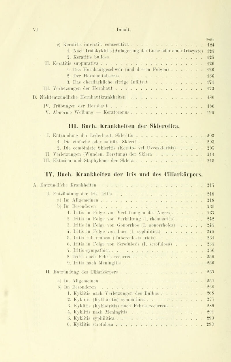 Seite c) Keratitis interstit. consecutiva 124 1. Nach Iridokyklitis (Anlagerung der Linse oder einer Iriscyste) 124 2. Keratitis bullosa 125 II. Keratitis suppurativa 126 1. Das Hornhautgeschwür (und dessen Folgen) 126 2. Der Hornhautabscess 156 3. Das oberflächliche eitrige Infiltrat 171 III. Verletzungen der Hornhaut 172 B. Nichtentzündliche Hornhautkrankheiten 180 IV. Trübungen der Hornhaut 180 V. Abnorme Wölbung — Keratoconus 196 ITT. Buch. Krankheiten der Sklerotica. I. Entzündung der Lederhaut, Skleritis 203 1. Die einfache oder solitäre Skleritis 203 2. Die combinirte Skleritis (Kerato- vel Uveoskleritis) 205 11. Verletzungen (Wunden, Berstung) der Sklera 211 III. Ektasien und Staphylome der Sklera 215 IV. Buch. Krankheiten der Tris und des (Ziliarkörpers. A. Entzündliche Krankheiten 217 I. Entzünduno- der Iris. Iritis 218 a) Im Allgemeinen 218 b) Im Besonderen 235 1. Iritis in Folge von Verletzungen des Auges 237 2. Iritis in Folge von Verkältung (I. rheumatica) ...... 242 3. Iritis in Folge von Gonorrhoe (I. gonorrhoica) 244 4. Iritis in Folge von Lues (I. syphilitica) 246 >. Iritis tuberculosa (Tuberculosis iridis) i'.W 6. Iritis in Folge von Scrofulosis (1. scrofulosa) 254 7. Iritis sympathica 256 8. Iritis nach Febris recurrens 256 0. Iritis nach Meningitis 256 IL Entzündung des Ciliarkörpers 257 a) Im Allgemeinen 251 Im Im Besonderen - 268 1. Kyklitis nach Verletzungen des Bulbus 268 ■i. Kyklitis (Kykloiritis) sympathica 'iTt 3. Kyklitis (Kykloiritis) nach Febris recurrens 289 4. Kyklitis oach Meningitis 291 5. Kyklitis syphilitica 293 6. Kyklitis scrofulosa 293