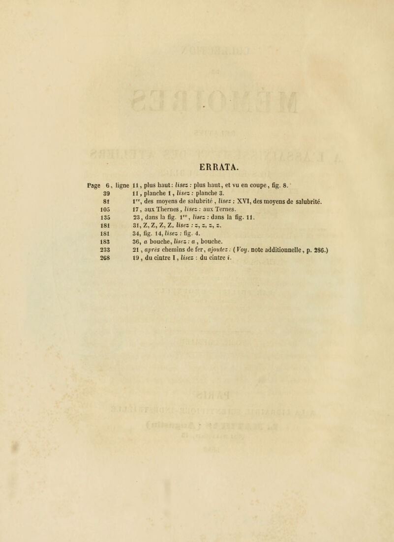 ERRATA. Page 6, ligne 11, plus haut : lisez ; plus haut, et vu en coupe, fig. 8. 39 11, planche 1, lisez : planche 3. 8t 1^^, des moyens de salubrité , Use: ; XVI, des moyens de salubrité. 105 17, aux Thèmes , Usez : aux Ternes. 135 23, dans la fig. 1=, /wes : dans la fig. 11. 181 31,Z,Z, Z,Z, lises.-5,3, s, s. 181 34, fig. 14, Usez : fig. 4. 185 36, a bouche, lisez ; a , bouche. 238 21, après chemins de fer, ajoutez. ( Voy. note additionnelle, p. 286.)