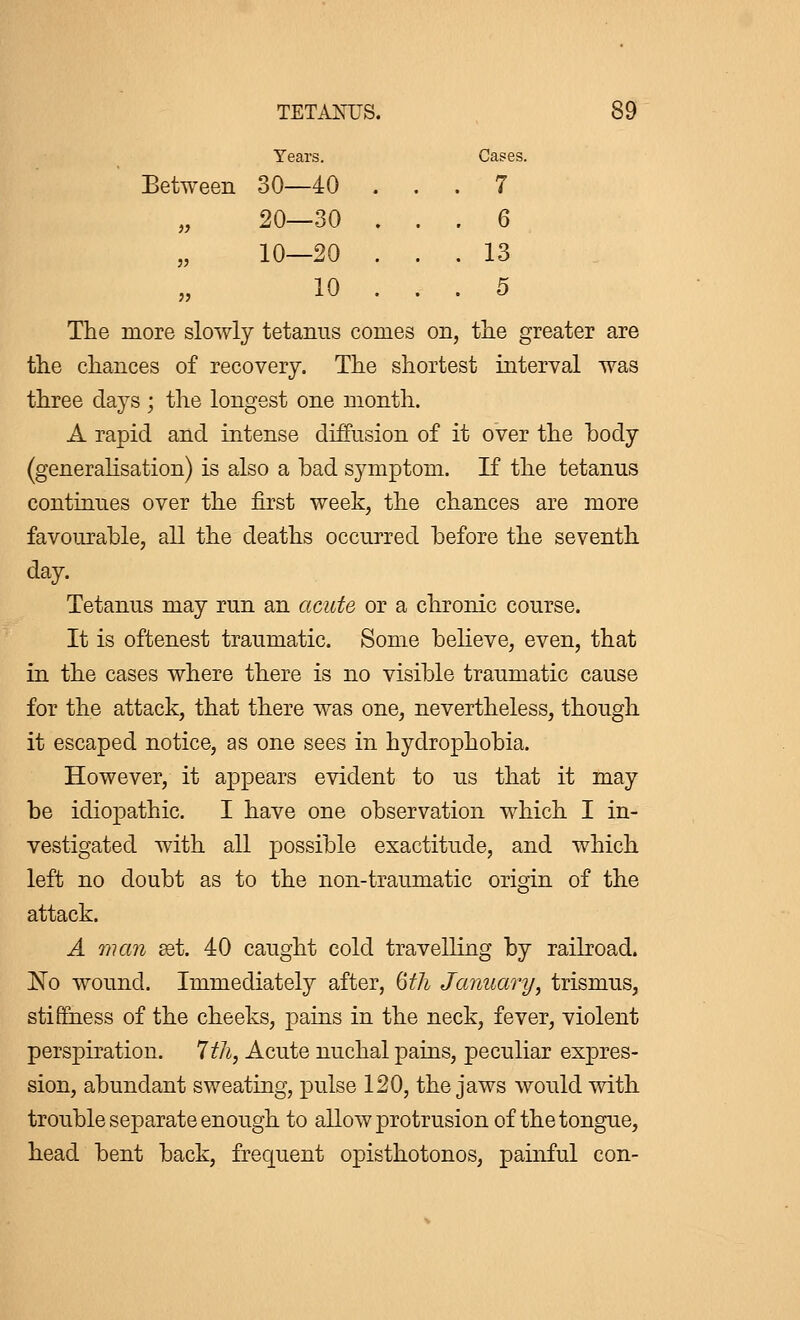 Between Years. Cases. 30—40 . . . 7 20—30 . . . 6 10—20 . . . 13 10 . . . 5 The more slowly tetanus comes on, the greater are the chances of recovery. The shortest interval was three clays ; the longest one month. A rapid and intense diffusion of it over the hody (generalisation) is also a bad symptom. If the tetanus continues over the first week, the chances are more favourable, all the deaths occurred before the seventh day. Tetanus may run an acute or a chronic course. It is oftenest traumatic. Some believe, even, that in the cases where there is no visible traumatic cause for the attack, that there was one, nevertheless, though it escaped notice, as one sees in hydrophobia. However, it appears evident to us that it may be idiopathic. I have one observation which I in- vestigated with all possible exactitude, and which left no doubt as to the non-traumatic origin of the attack. A man set. 40 caught cold travelling by railroad. ISTo wound. Immediately after, 6th January, trismus, stiffness of the cheeks, pains in the neck, fever, violent perspiration. 7 th, Acute nuchal pains, peculiar expres- sion, abundant sweating, pulse 120, the jaws would with trouble separate enough to allow protrusion of the tongue, head bent back, frequent opisthotonos, painful con-