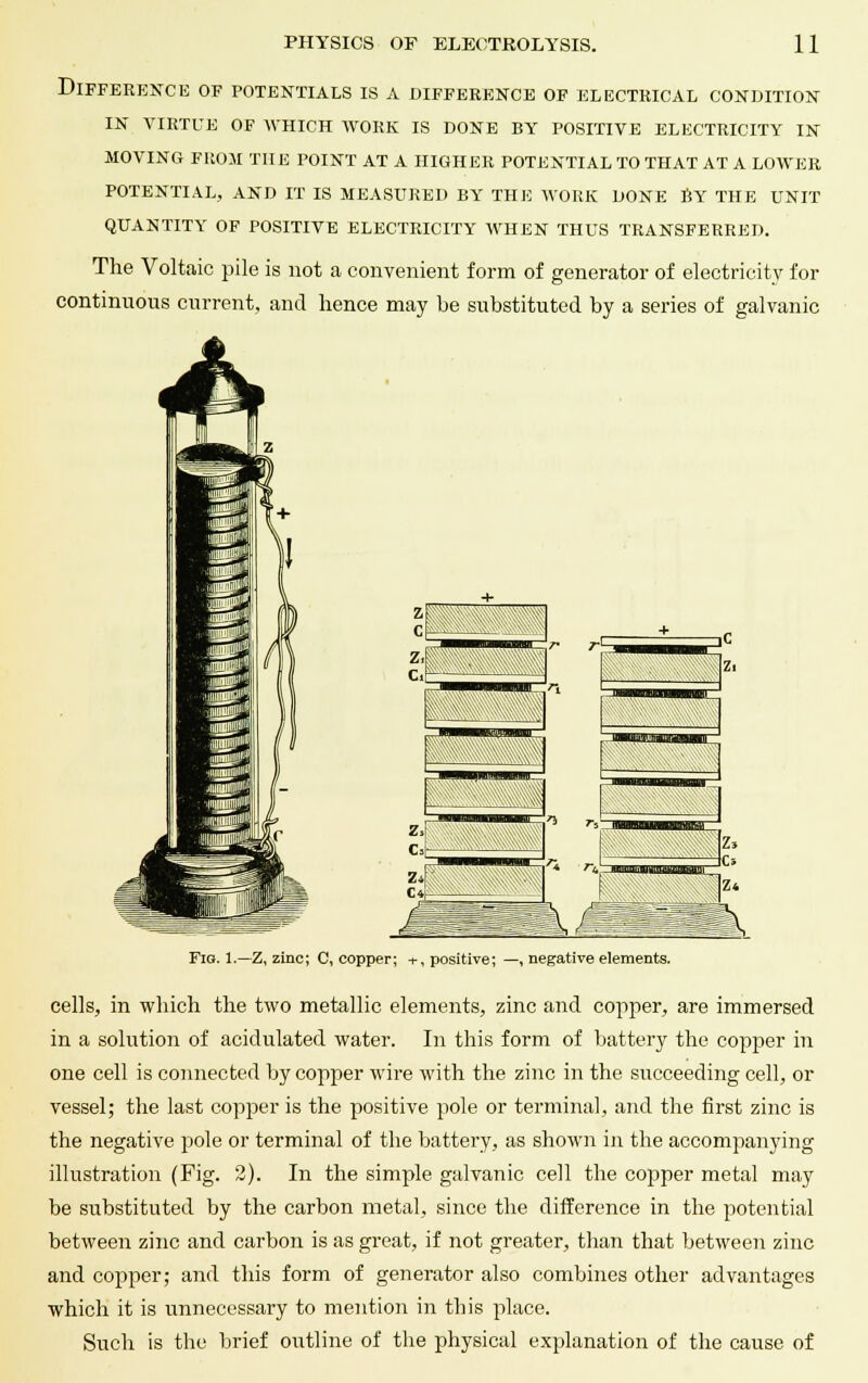 Difference of potentials is a difference of electrical condition in virtue of which work is done by positive electricity in moving from the point at a higher potential to that at a lower potential, and it is measured by the work done by the unit quantity of positive electricity when thus transferred. The Voltaic pile is not a convenient form of generator of electricity for continuous current, and hence may be substituted by a series of galvanic Fig. 1.—Z, zinc; C, copper; + , positive; —, negative elements. cells, in which the two metallic elements, zinc and copper, are immersed in a solution of acidulated water. In this form of battery the copper in one cell is connected by copper wire with the zinc in the succeeding cell, or vessel; the last copper is the positive pole or terminal, and the first zinc is the negative pole or terminal of the battery, as shown in the accompanying illustration (Fig. 2). In the simple galvanic cell the copper metal may be substituted by the carbon metal, since the difference in the potential between zinc and carbon is as great, if not greater, than that between zinc and copper; and this form of generator also combines other advantages which it is unnecessary to mention in this place. Such is the brief outline of the physical explanation of the cause of