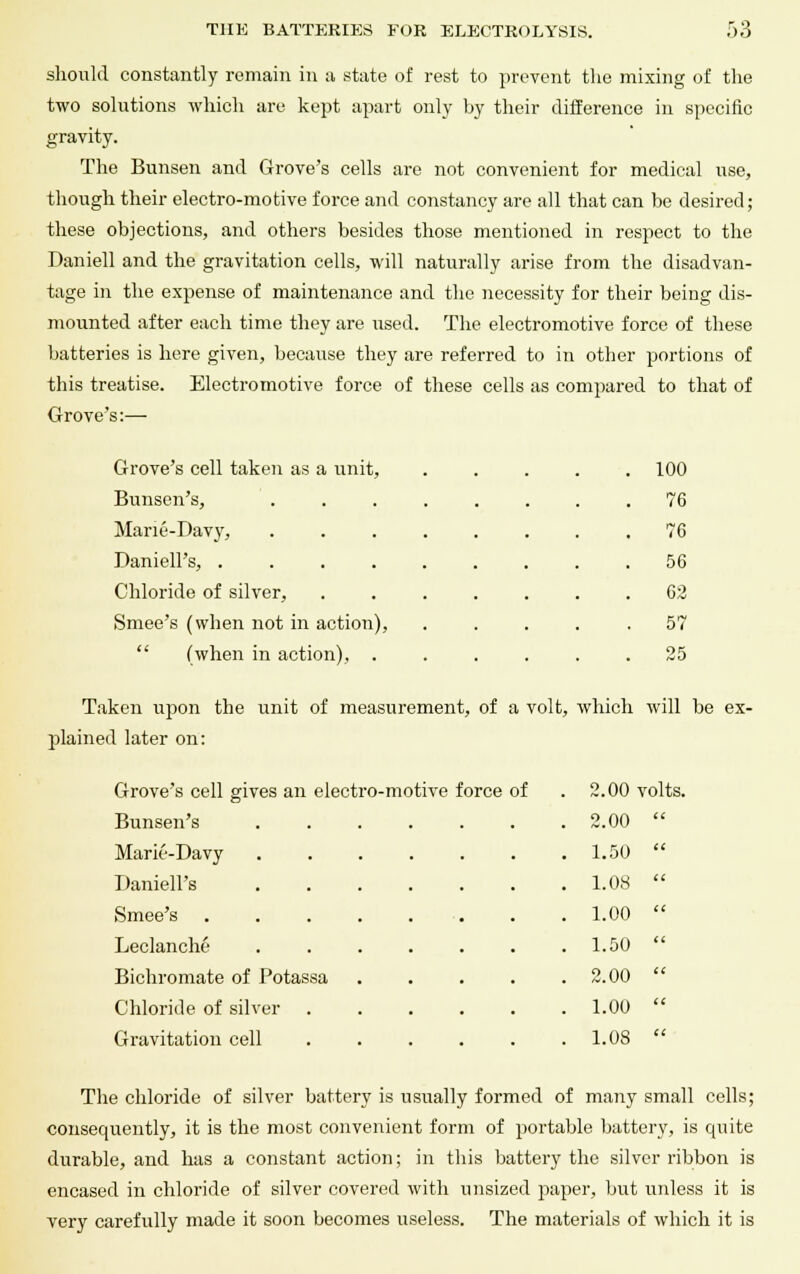 should constantly remain in a state of rest to prevent the mixing of the two solutions which are kept apart only by their difference in specific gravity. The Bunsen and Grove's cells are not convenient for medical use, though their electro-motive force and constancy are all that can be desired; these objections, and others besides those mentioned in respect to the Daniell and the gravitation cells, will naturally arise from the disadvan- tage in the expense of maintenance and the necessity for their being dis- mounted after each time they are used. The electromotive force of these batteries is here given, because they are referred to in other portions of this treatise. Electromotive force of these cells as compared to that of Grove's:— Grove's cell taken as a unit, . 100 Bunsen's, ...... . 76 Marie-Davy, . 76 Daniell's, ....... 56 Chloride of silver, ..... 02 Smee's (when not in action), . 57  (when in action), .... . 25 Taken upon the unit of measurement, of a volt, which will be ex- plained later on: Grove's cell gives an electro-motive force of 2.00 volts Bunsen's ...... 2.00  Marie-Davy 1.50  Daniell's 1.08  Smee's .... 1.00  Leclanche 1.50  Bichromate of Potassa 2.00  Chloride of silver 1.00  Gravitation cell 1.03  The chloride of silver battery is usually formed of many small cells; consequently, it is the most convenient form of portable battery, is quite durable, and has a constant action; in this battery the silver ribbon is encased in chloride of silver covered with unsized paper, but unless it is very carefully made it soon becomes useless. The materials of which it is