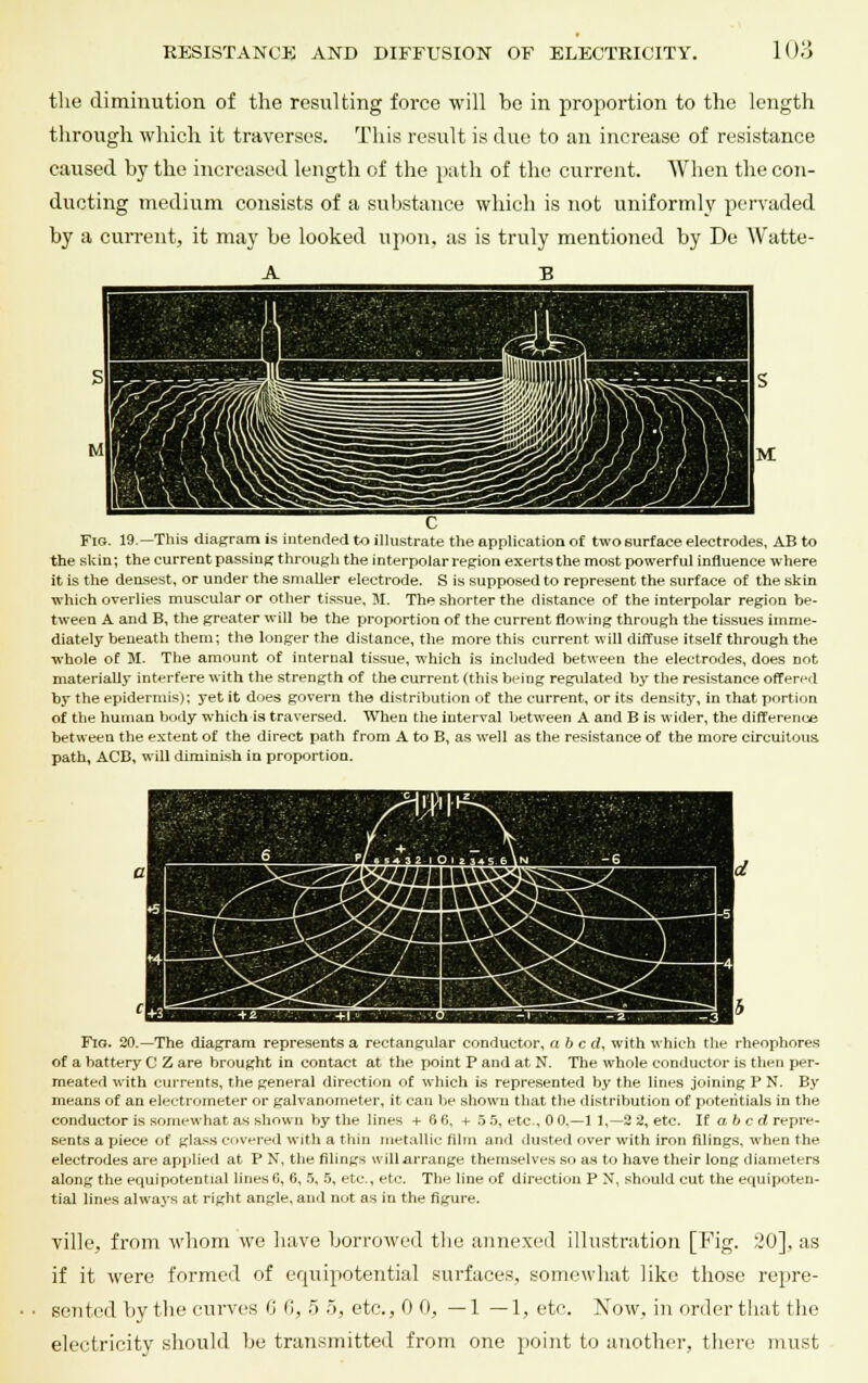 the diminution of the resulting force will be in proportion to the length through which it traverses. This result is due to an increase of resistance caused by the increased length of the path of the current. When the con- ducting medium consists of a substance which is not uniformly pervaded by a current, it may be looked upon, as is truly mentioned by De Watte- A B Fig. 19.—This diagram is intended to illustrate the application of two surface electrodes, AB to the skin; the current passing through the interpolar region exerts the most powerful influence where it is the densest, or under the smaller electrode. S is supposed to represent the surface of the skin which overlies muscular or other tissue, M. The shorter the distance of the interpolar region be- tween A and B, the greater will be the proportion of the current flowing through the tissues imme- diately beneath them; the longer the distance, the more this current will diffuse itself through the whole of M. The amount of internal tissue, which is included between the electrodes, does not materially interfere with the strength of the current (this being regulated by the resistance offered by the epidermis); yet it does govern the distribution of the current, or its density, in That portion of the human body which is traversed. When the interval between A and B is wider, the difference between the extent of the direct path from A to B, as well as the resistance of the more circuitous path, ACB, will diminish in proportion. Fig. 20.—The diagram represents a rectangular conductor, a b c d, with which the rheophores of a battery C Z are brought in contact at the point P and at N. The whole conductor is then per- meated with currents, the general direction of which is represented by the lines joining P N. By means of an electrometer or galvanometer, it can be shown that the distribution of potentials in the conductor is somewhat as shown by the lines + 6 0, + .> 5, etc., 0 0.—1 1,—2 2, etc. If abed repre- sents a piece of glass covered with a thin metallic film and dusted over with iron filings, when the electrodes are applied at P N, the filings will arrange themselves so as to have their long diameters along the equipotential lines 6, 6, 5, 5, etc., etc. The line of direction P N, should cut the equipoten- tial lines always at right angle, and not as in the figure. ville, from whom we have borrowed the annexed illustration [Fig. 20], as if it were formed of equipotential surfaces, somewhat like those repre- sented by the curves 0' 6, 5 5, etc., 0 0, —1 — 1, etc. Now, in order that the electricity should be transmitted from one point to another, there must