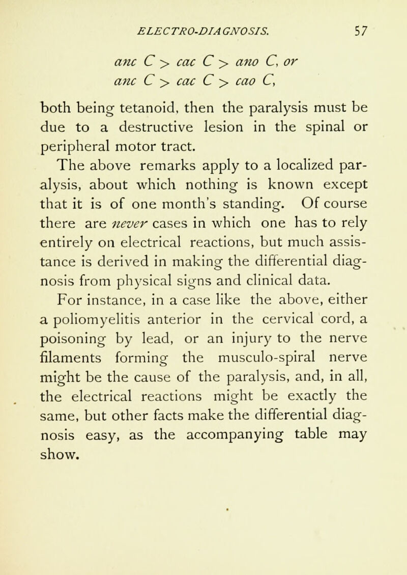 anc C > cac C > ano C, or anc C > cac C > cao C, both being tetanoid, then the paralysis must be due to a destructive lesion in the spinal or peripheral motor tract. The above remarks apply to a localized par- alysis, about which nothing is known except that it is of one month's standing. Of course there are never cases in which one has to rely entirely on electrical reactions, but much assis- tance is derived in making the differential diag- nosis from physical signs and clinical data. For instance, in a case like the above, either a poliomyelitis anterior in the cervical cord, a poisoning by lead, or an injury to the nerve filaments forming the musculo-spiral nerve might be the cause of the paralysis, and, in all, the electrical reactions might be exactly the same, but other facts make the differential diag- nosis easy, as the accompanying table may show.