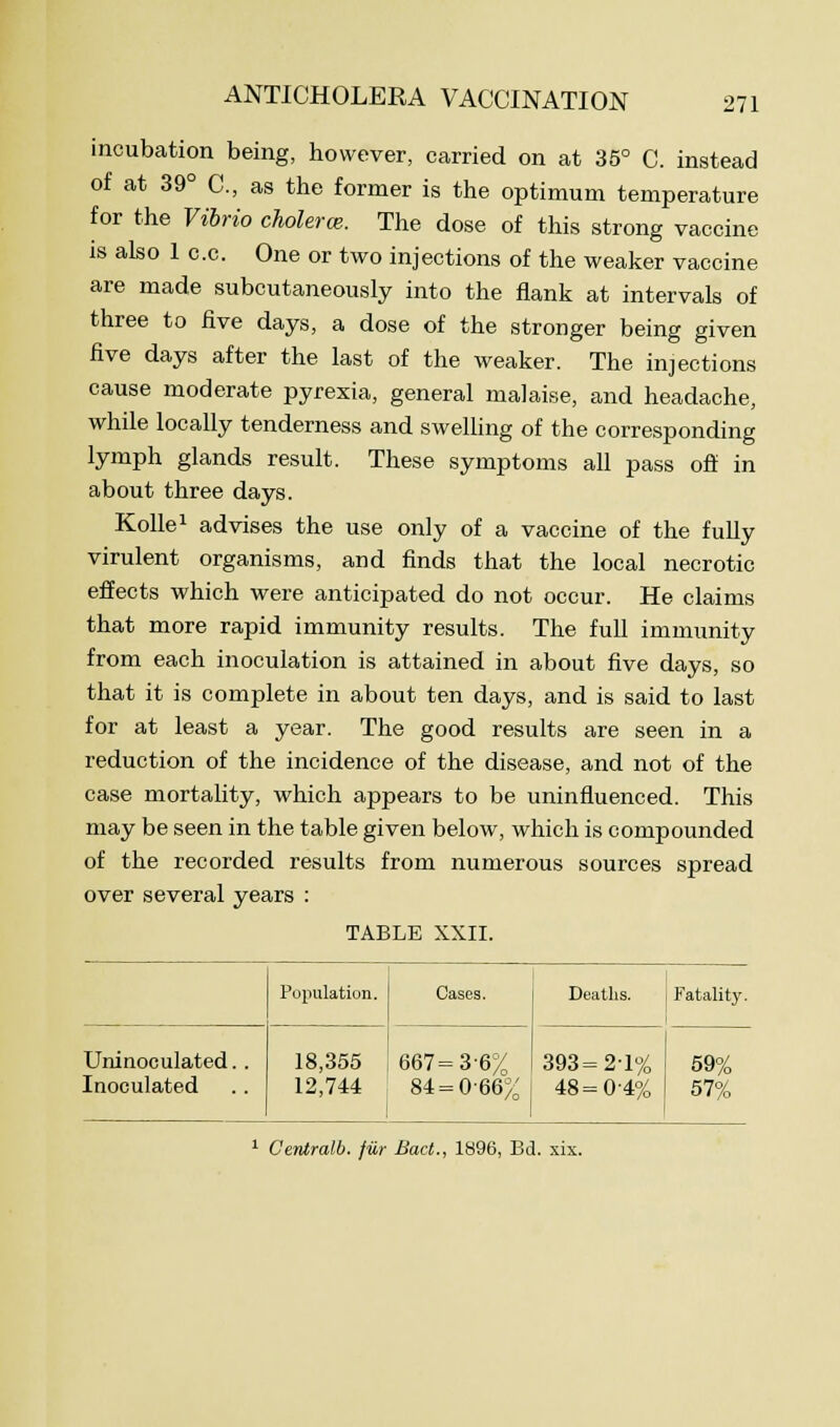 ANTICHOLERA VACCINATION incubation being, however, carried on at 35° C. instead of at 39° C, as the former is the optimum temperature for the Vibrio cholera. The dose of this strong vaccine is also 1 c.c. One or two injections of the weaker vaccine are made subcutaneously into the flank at intervals of three to five days, a dose of the stronger being given five days after the last of the weaker. The injections cause moderate pyrexia, general malaise, and headache, while locally tenderness and swelling of the corresponding lymph glands result. These symptoms all pass off in about three days. Kolle1 advises the use only of a vaccine of the fully virulent organisms, and finds that the local necrotic effects which were anticipated do not occur. He claims that more rapid immunity results. The full immunity from each inoculation is attained in about five days, so that it is complete in about ten days, and is said to last for at least a year. The good results are seen in a reduction of the incidence of the disease, and not of the case mortality, which appears to be uninfluenced. This may be seen in the table given below, which is compounded of the recorded results from numerous sources spread over several years : TABLE XXII. Uninoculated.. Inoculated Population. Cases. 18,355 12,744 667=3-6% 84 = 0-66 /o Deaths. i Fatality. 393=2-1% 48=0-4% 59% 57% 1 Centralb. fur Bad., 1896, Bd. xix.