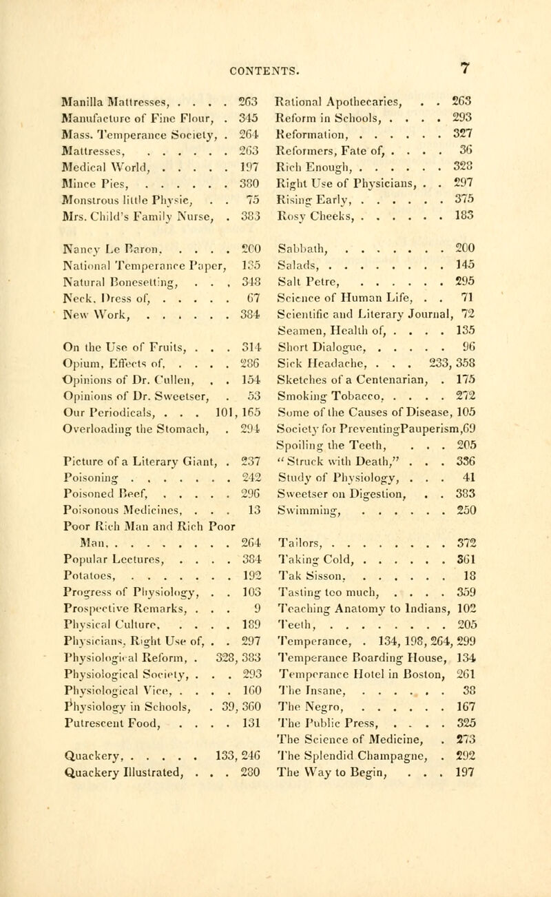 Manilla Mattresses 263 Manufacture of Fine Flour, . 345 Mass. Temperance Society, . 264 Mattresses, 263 Medical World, 197 Mince Pies, 380 Monstrous little Pin-sic, . . 75 Mrs. Child's Family Nurse, . 383 Nancy Le Baron. .... 200 National Temperance Paper, 135 Natural Ponesetting, . . . 348 Neck. Dress of, 67 New Work, 384 On the Use of Fruits, . . . 314 Opium, Effects of 286 Opinions of Dr. Culleii, , . 154 Opinions of Dr. Sweetser, . 53 Our Periodicals, . . . 101,165 Overloading the Stomach, . 294 Picture of a Literary Giant, Poisoning . . . Poisoned Peef, Poisonous Medicines Poor Rich Man and Rich Poor Man Popular Lectures, Potatoes, .... Progress of Physiology Prospective Remarks, Physical Culture, Physicians. Right Use of, Physiological Reform, Physiological Society, Physiological Vice, . Physiology in Schools, Putrescent Food, Quackery, .... Quackery Illustrated, 237 242 296 13 . 264 . 384 . 192 . 103 9 . 189 . 297 328, 383 . 293 . 160 39, 360 . 131 133, 246 , . 280 Rational Apothecaries, . . 263 Reform in Schools, .... 293 Reformation, 327 Reformers, Fate of, ... . 36 Rich Enough, 328 Right Use of Physicians, . . 297 Rising Early, 375 RosyCheeks, 183 Sabbath, 200 Salads 145 Salt Petre, 295 Science of Human Life, . . 71 Scientific and Literary Journal, 72 Seamen, Health of, . . . . 135 Short Dialogue, 96 Sick Headache, . . . 233,358 Sketches of a Centenarian, . 175 Smoking Tobacco, .... 272 Some of the Causes of Disease, 105 Society for PrcventingPauperism,69 Spoiling the Teeth, ... 205  Struck with Death, . . . 336 Study of Physiology, ... 41 Sweetser on Digestion, . . 383 Swimming, 250 Tailors, 372 Taking Cold, 361 Tak Sisson, 18 Tasting too much, .... 359 Teaching Anatomy to Indians, 102 Teeth, 205 Temperance, . 134, 198, 264, 299 Temperance Boarding House, 134 Temperance Hotel in Boston, 261 The Insane, 38 The Negro, 167 The Public Press, .... 325 The Science of Medicine, . 273 The Splendid Champagne, . 292 The Way to Begin, ... 197