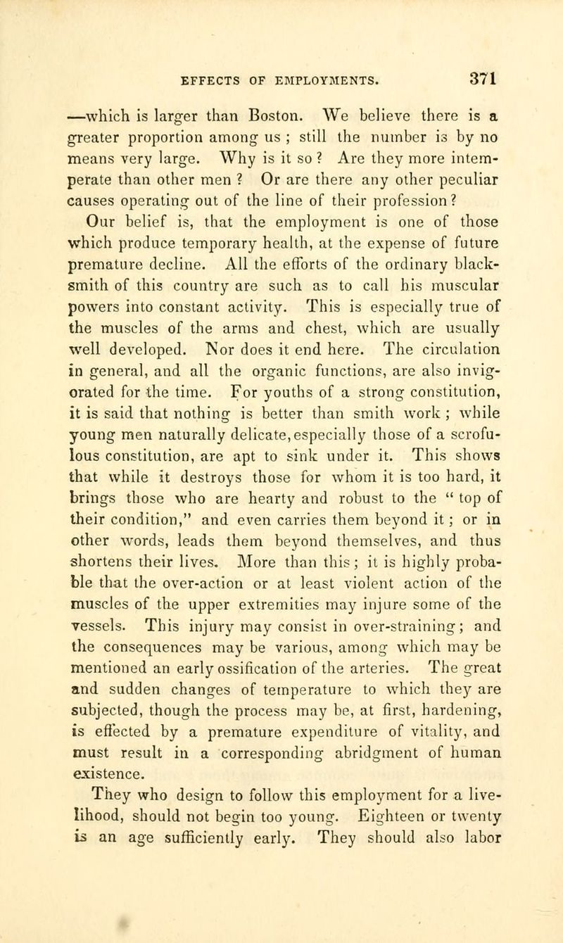 —which is larger than Boston. We believe there is a greater proportion among us ; still the number is by no means very large. Why is it so ? Are they more intem- perate than other men ? Or are there any other peculiar causes operating out of the line of their profession? Our belief is, that the employment is one of those which produce temporary health, at the expense of future premature decline. All the efforts of the ordinary black- smith of this country are such as to call his muscular powers into constant activity. This is especially true of the muscles of the arms and chest, which are usually well developed. Nor does it end here. The circulation in general, and all the organic functions, are also invig- orated for the time. For youths of a strong constitution, it is said that nothing is better than smith work ; while young men naturally delicate, especially those of a scrofu- lous constitution, are apt to sink under it. This shows that while it destroys those for whom it is too hard, it brings those who are hearty and robust to the top of their condition, and even carries them beyond it; or in other words, leads them beyond themselves, and thus shortens their lives. More than this; it is highly proba- ble that the over-action or at least violent action of the muscles of the upper extremities may injure some of the vessels. This injury may consist in over-straining; and the consequences may be various, among which may be mentioned an early ossification of the arteries. The great and sudden changes of temperature to which they are subjected, though the process may be, at first, hardening, is effected by a premature expenditure of vitality, and must result in a corresponding abridgment of human existence. They who design to follow this employment for a live- lihood, should not begin too young. Eighteen or twenty is an age sufficiently early. They should also labor
