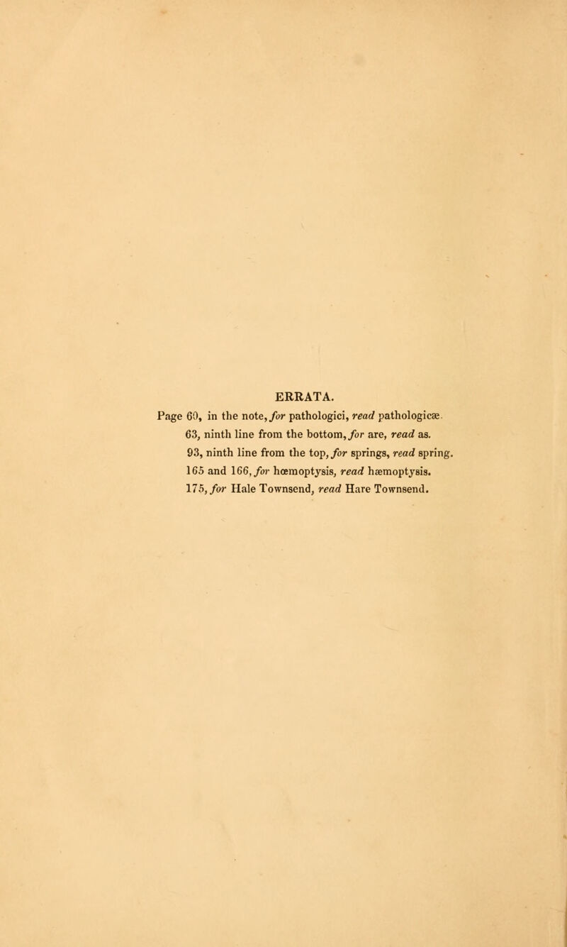 ERRATA. Page 60, in the note, for pathologici, read pathologicae. 63, ninth line from the bottom, for are, read as. 93, ninth line from the top, for springs, read spring. 165 and 166, for hoemoptysis, read haemoptysis. 175, for Hale Townsend, read Hare Townsend.