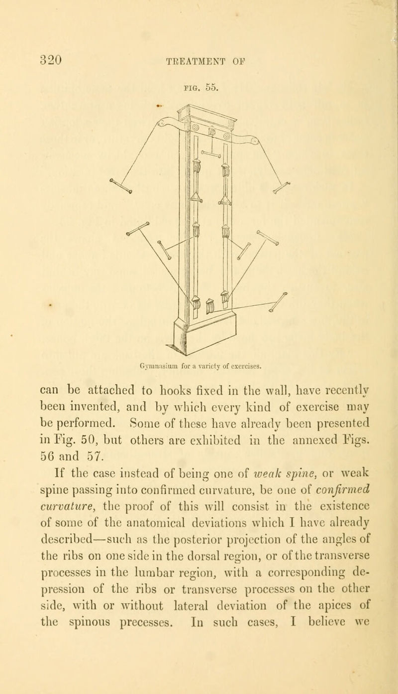 fig. 55. Gymnasium for a variety of exercises. can be attached to hooks fixed in the wall, have recently been invented, and by which every kind of exercise may be performed. Some of these have already been presented in Fig. 50, but others are exhibited in the annexed Figs. 56 and 57. If the case instead of being one of loeak spine, or weak spine passing into confirmed curvature, be one of confirmed curvature, the proof of this will consist in the existence of some of the anatomical deviations which I have already described—such as the posterior projection of the angles of the ribs on one side in the dorsal region, or of the transverse processes in the lumbar region, with a corresponding de- pression of the ribs or transverse processes on the other side, with or without lateral deviation of the apices of the spinous precesses. In such cases, I believe we