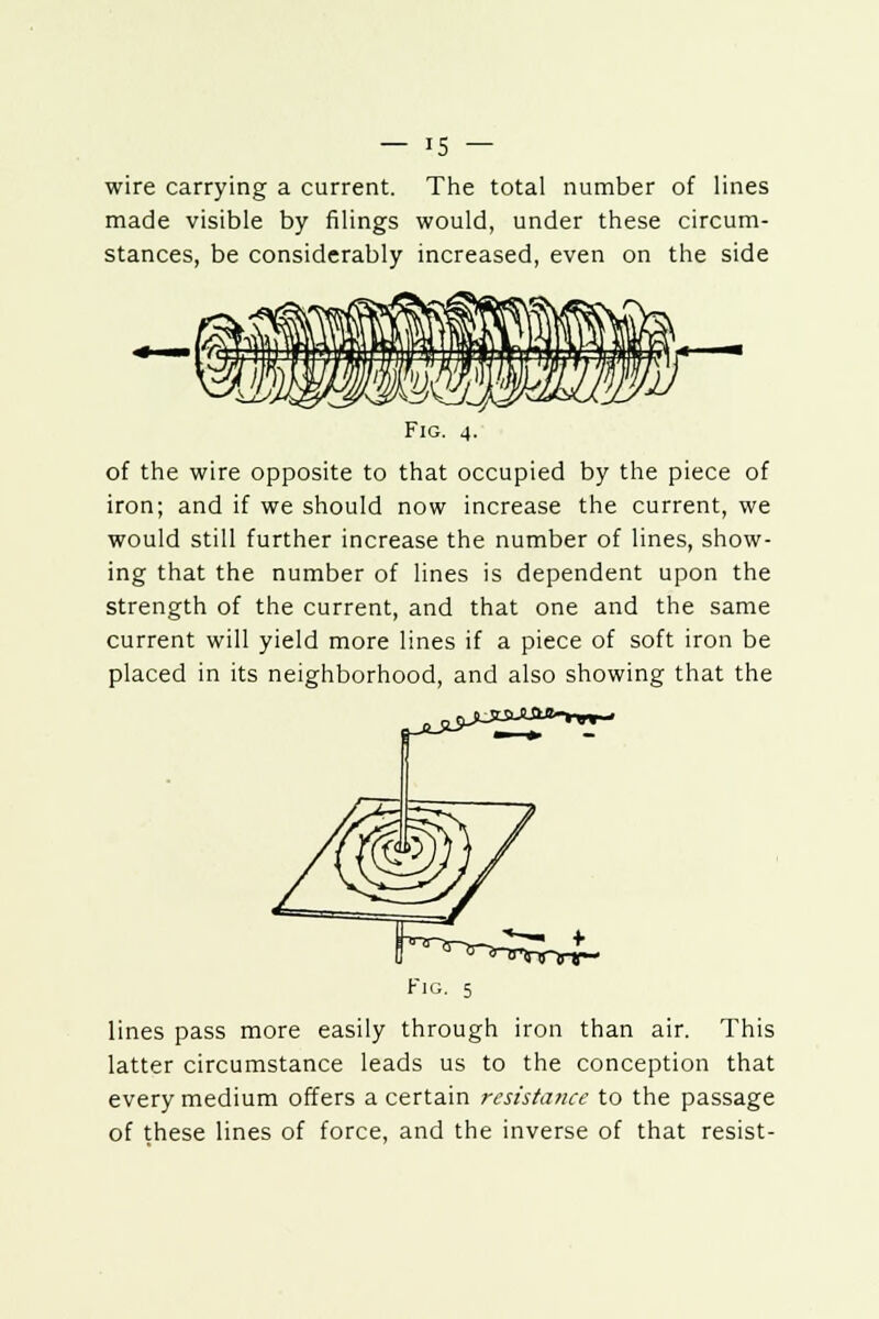 — '5 — wire carrying a current. The total number of lines made visible by filings would, under these circum- stances, be considerably increased, even on the side Fig. 4. of the wire opposite to that occupied by the piece of iron; and if we should now increase the current, we would still further increase the number of lines, show- ing that the number of lines is dependent upon the strength of the current, and that one and the same current will yield more lines if a piece of soft iron be placed in its neighborhood, and also showing that the lines pass more easily through iron than air. This latter circumstance leads us to the conception that every medium offers a certain resistance to the passage of these lines of force, and the inverse of that resist-