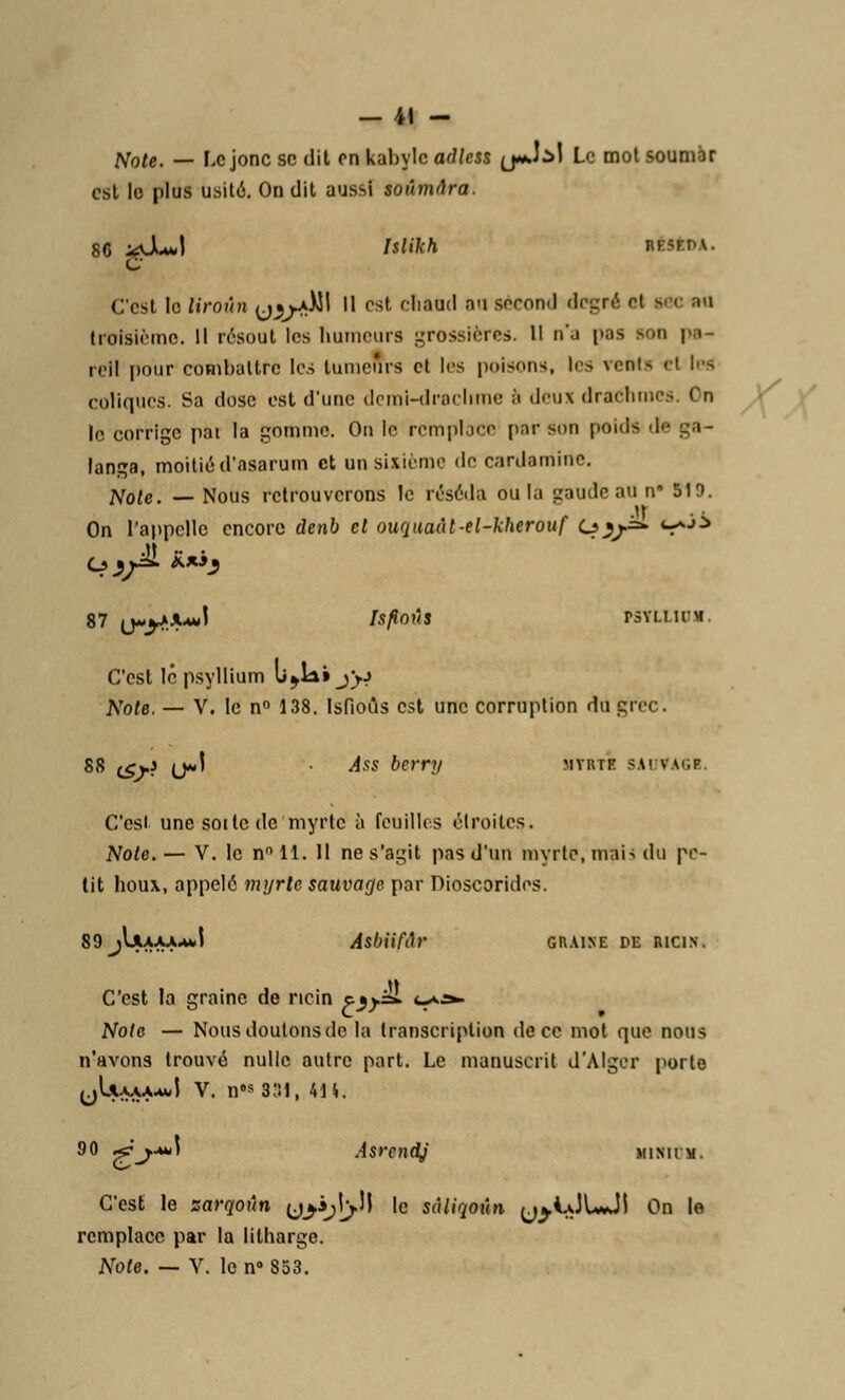 Note. — Le jonc so dit rn kabyle adtêU u*J^l Le motsoumar est le plus usité. On dit aussi soûmâra. 86 #X*»\ UUkh ttstuk. C'est le liroûn {j}Y*ÏÏ\ II est rliaud an second degré et | troisième. Il résout les humeurs grossières. H n'a pas son pa- reil pour combattre les tumeurs et les poisons, les vents cl les coliques. Sa dose est d'une demi-drachme s deus draChra le corrige pat la gomme. On le remplace par son poids de ga- langa, moitié d'asarum et on sixième de cardamine. Note. — Nous retrouverons le réséda ou la gaude au n' 519. On l'appelle encore denb et ouquaût-el-kherouf 0^=^ *•* 87 (j«y.JuJ IsfioÛS PSYLLUIM. C'est lé psyllium [i^x* jyj Note. — V. le n° 138. Isfioûs est une corruption du grec. 88 cS>? U**' • Ass berry wtrtb sauvage. C'est une sotte de myrte à feuilles étroites. Note.— V. le n°ll. 11 ne s'agit pas d'un myrte, mai-, du pe- tit houx, appelé myrte sauvage par Dioscorides. 89jIjuaaaJ Âsbiifâr giuine pe ricin. C'est la graine de ricin ?jj=* v-^ Note — Nous doutons de la transcription de ce mot que nous n'avons trouvé nulle autre part. Le manuscrit d'Alger porte jjUaaaavI V. nÔS831, 414. 90 gj^ AsrendJ jhsuv. C'est le zarqoûn tjf*j\yÏÏ le sàliqoûn y^UJUJI On le remplace par la litharge. Note. — V. le n° 853.