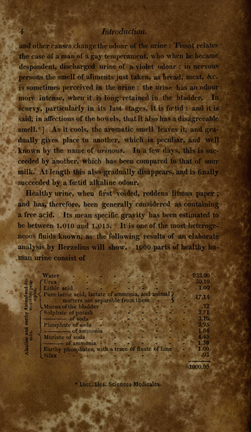 and other causes change the odour of the urine : Tissot relator? the case of a man of a gay temperament, who when he became despondent, discharged urine of a violet odour : in nervous persons the smell of aliments just taken, as oread, meat, &c. is sometimes perceived in the urine : the urine has an odour more intense, when it is long retained in the bladder. In scurvy, particularly in its last stages, it is fcetid : and it is said, in affections of the bowels, that it also has a disagreeable smell.*] As it cools, the aromatic smell leaves it, and gra- dually gives place to another, which is peculiar, and well known by the name of urinous. In a few days, this is suc- ceeded by another, which has been compared to that of sour milk. At length this also gradually disappears, and is finally succeeded by a foetid alkaline odour. Healthy urine, when first voided, reddens litmus paper; and has, therefore, been generally considered as containing a free acid. Its mean specific gravity lias been estimated to be between 1.010 and 1.015. It is one of the most heteroge- neous fluids known, as the following results of an elaborate analysis by Berzelius will show. 1000 parts of healthy hu- man urine consist of ■a E. 3£ 933.00 30.10 1.00 17.14 .32 3.71 3.16 2.95 1.64 4.45 — of ammonia 1.50 Earthy phosphates, with a trace of fluate of lime - 1.00 LSilex - , 03 1000.00 Water _-„_-.-- fUrea - j Lithic acid ^i Pure lactic acid, lactate of ammonia, and animal 3 matters not separable from these - y LMucusoflhe bladder f Sulphate of potash ------ of soda ------ Phosphate of soda J -- of ammonia \ Muriate of soda * Diet. Des. Sciences Medicates.