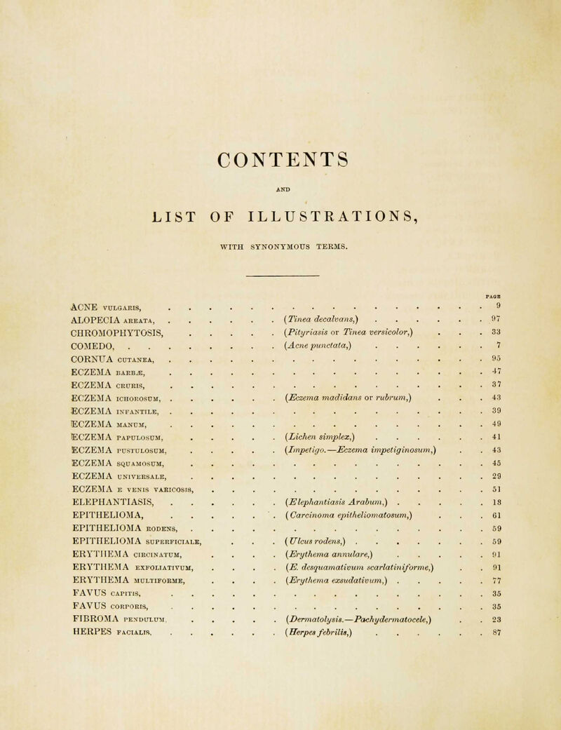 CONTENTS LIST OF ILLUSTRATIONS, WITH SYNONYMOUS TEK.MS. ACNE VULGARIS 9 ALOPECIA areata (Tinea decalvans,) 97 CHROMOPHYTOSIS, (Pityriasis or Tinea versicolor,) ... 33 COMEDO (Acne punctata,) 7 CORNTJA cutanea, 95 ECZEMA BAKBJ3 -l~i ECZEMA cruris, 37 ECZEMA ichorosum, (Eczema madidans or rubrum,) . . .43 ECZEMA INFANTILE, 39 ECZEMA MANDM 49 ECZEMA fapulosum, (Idchen simplex,) 41 ECZEMA pustulosum, (Impetigo.—Eczema impetiginosum,) . . 43 ECZEMA squamosum, 45 ECZEMA universale, 29 ECZEMA E VEN1S VARICOSI8, 51 ELEPHANTIASIS (Elephantiasis Arabum,) 13 EPITHELIOMA, (Carcinoma epitheliomatosum,) . . .01 EPITHELIOMA rodess 59 EPITHELIOMA superficiale, . . . (Ulcus rodens,) 59 ERYTHEMA circinatum, .... (Erythema annulare,) Jil ERYTHEMA exfoliativum, .... (E. desquamativum scarlatiniforme,) . . 91 ERYTHEMA multiforme, .... (Erythema exsudativum,) 77 FAVUS capitis, 35 FAVUS corporis, 35 FIBROMA pendulum, (Dermatolysis.—Pachydermatocele,) . . 23 HERPES facialis (Herpesfebrilis,) 87