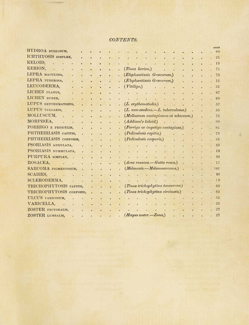 HYDROA buixosum, 89 ICHTHYOSIS simplex, 21 KELOID 15 KERION (Tinea leerion,) 71 LEPRA maculosa (Elephantiasis Groxorum,) . . . .73 LEPRA tubeeosa, (Elephantiasis Groscorum,) . . . .11 LEUCODERMA, . . . . . . (Vitiligo,) 31 LICHEN planus, 07 LICHEN ruber, 69 LUPUS erythematosus (L. erythematodes,) 57 LUPUS vulgaris, ...... (L. non-exedens.—L. tuberadosus,) . . .55 MOLLUSCUM, (Molluscum contagioswn or sebaceum,) . . 75 MORPIICEA (Addison's keloid,) 99 PORRIGO E pediculis, ..... (Porrigo or impetigo contagiosa,) . . .85 PI1TIIEIRIASIS capitis, (Pediculosis capitis,) 70 PHTHEIRIASIS corporis, .... (Pediculosis corporis,) 81 PSORIASIS aotjulata 53 PSORIASIS NUMMULATA, 19 PURPURA simplex, 93 ROSACEA, (Acne rosacea.— Gutta rosea,) . . . .17 SARCOMA pigmentosum, (Melanosis.—Melonosarcoma,) . . . .101 SCABIES 83 SCLERODERMA ' 19 TRICHOPHYTOSIS capitis (Tinea trichophytina tonsurans,) ... 03 TRICHOPHYTOSIS corporis, .... (Tinea trichophytina circinata,) . . . 65 ULCUS varicosum, 51 VARICELLA 25 ZOSTER pectoralis, 27 ZOSTER lumbalis, (Herpes zoster.—Zona,) 27