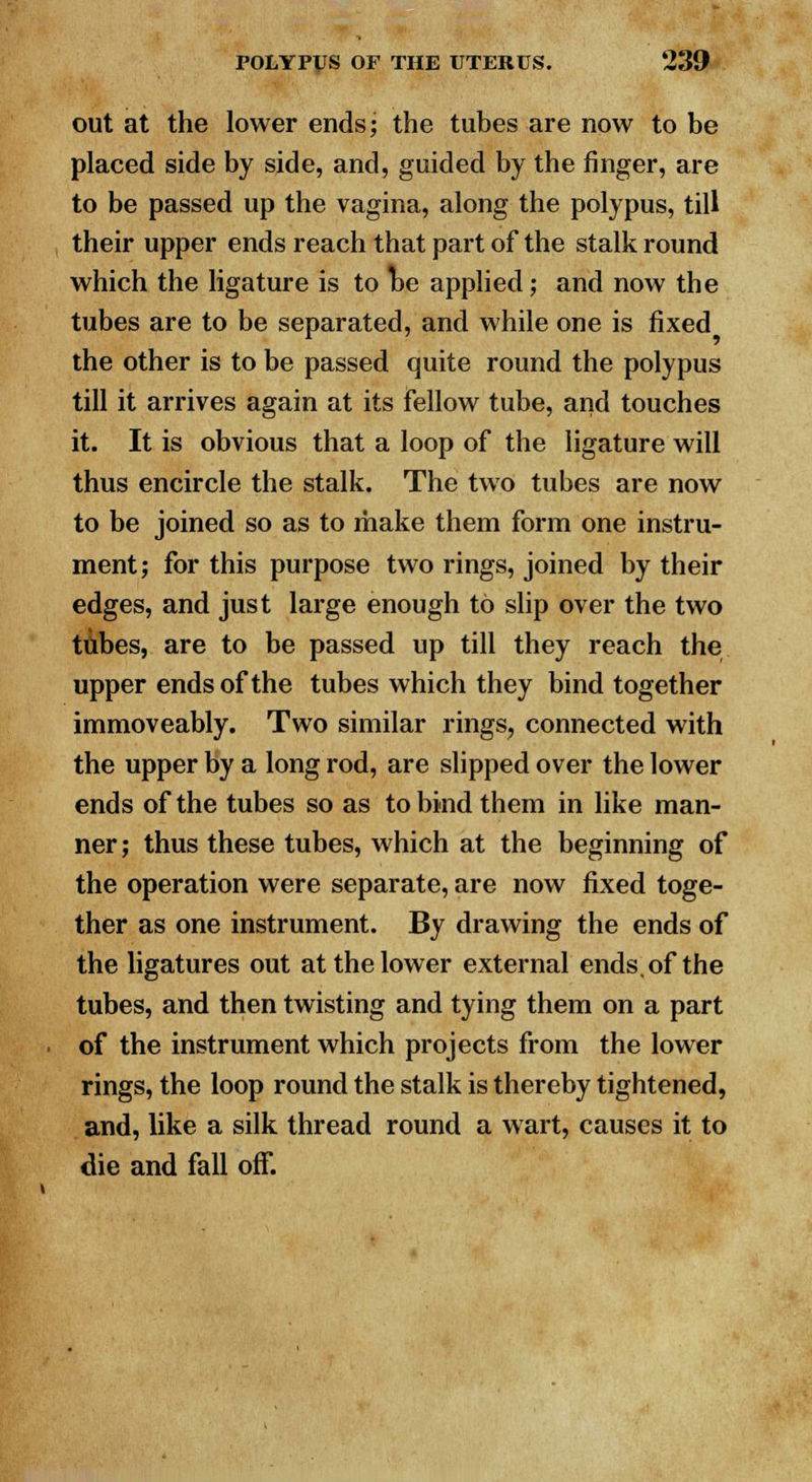 out at the lower ends; the tubes are now to be placed side by side, and, guided by the finger, are to be passed up the vagina, along the polypus, till their upper ends reach that part of the stalk round which the ligature is to be applied; and now the tubes are to be separated, and while one is fixed the other is to be passed quite round the polypus till it arrives again at its fellow tube, and touches it. It is obvious that a loop of the ligature will thus encircle the stalk. The two tubes are now to be joined so as to make them form one instru- ment; for this purpose two rings, joined by their edges, and just large enough to slip over the two tubes, are to be passed up till they reach the upper ends of the tubes which they bind together immoveably. Two similar rings, connected with the upper by a long rod, are slipped over the lower ends of the tubes so as to bind them in like man- ner ; thus these tubes, which at the beginning of the operation were separate, are now fixed toge- ther as one instrument. By drawing the ends of the ligatures out at the lower external ends, of the tubes, and then twisting and tying them on a part of the instrument which projects from the lower rings, the loop round the stalk is thereby tightened, and, like a silk thread round a wart, causes it to die and fall off.