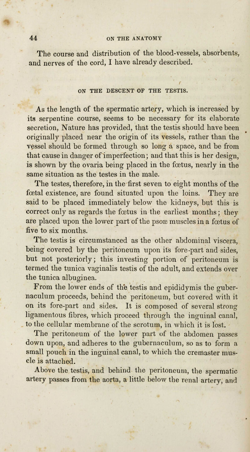 The course and distribution of the blood-vessels, absorbents, and nerves of the cord, I have already described. r ON THE DESCENT OF THE TESTIS. As the length of the spermatic artery, which is increased by its serpentine course, seems to be necessary for its elaborate secretion, Nature has provided, that the testis should have been originally placed near the origin of its vessels, rather than the vessel should be formed through so long a space, and be from that cause in danger of imperfection; and that this is her design, is shown by the ovaria being placed in the foetus, nearly in the same situation as the testes in the male. The testes, therefore, in the first seven to eight months of the foetal existence, are found situated upon the loins. They are said to be placed immediately below the kidneys, but this is correct only as regards the foetus in the earliest months; they are placed upon the lower part of the psose muscles in a foetus of five to six months. The testis is circumstanced as the other abdominal viscera, being covered by the peritoneum upon its fore-part and sides, but not posteriorly; this investing portion of peritoneum is termed the tunica vaginalis testis of the adult, and extends over the tunica albuginea. From the lower ends of the testis and epididymis the guber- naculum proceeds, behind the peritoneum, but covered with it on its fore-part and sides. It is composed of several strong ligamentous fibres, which proceed through the inguinal canal, to the cellular membrane of the scrotum, in which it is lost. The peritoneum of the lower part of the abdomen passes down upon, and adheres to the gubernaculum, so as to form a small pouch in the inguinal canal, to which the cremaster mus- cle is attached. Above the testis, and behind the peritoneum, the spermatic artery passes from the aorta, a little below the renal artery, and