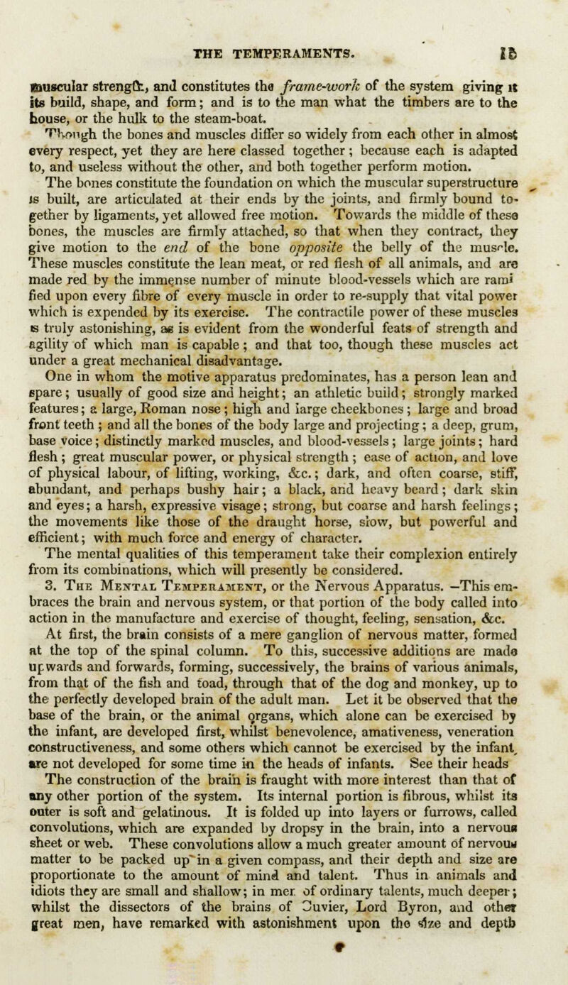 muscular strengfr., and constitutes the frame-work of the system giving it its build, shape, and form; and is to the man what the timbers are to the house, or the hulk to the steam-boat. TJvrmgh, the bones and muscles differ so widely from each other in almost every respect, yet they are here classed together ; because each is adapted to, and useless without the other, and both together perform motion. The bones constitute the foundation on which the muscular superstructure is built, are articuilated at their ends by the joints, and firmly bound to- gether by ligaments, yet allowed free motion. Towards the middle of these bones, the muscles are firmly attached, so that when they contract, they give motion to the end of the bone opposite the belly of the muscle. These muscles constitute the lean meat, or red flesh of all animals, and are made red by the immense number of minute blood-vessels which are rami fied upon every fibre of every muscle in order to re-supply that vital power which is expended by its exercise. The contractile power of these muscles rs truly astonishing, ae is evident from the wonderful feats of strength and agility of which man is capable; and that too, though these muscles act under a great mechanical disadvantage. One in whom the motive apparatus predominates, has a person lean and spare; usually of good size and height; an athletic build; strongly marked features; a large, Roman nose; high and large cheekbones; large and broad front teeth ; and all the bones of the body large and projecting; a deep, gruni, base voice; distinctly marked muscles, and blood-vessels; large joints; hard flesh; great muscular power, or physical strength ; ease of action, and love of physical labour, of lifting, working, &c.; dark, and often coarse, stiff, abundant, and perhaps bushy hair; a black, and heavy beard ; dark skin and eyes; a harsh, expressive visage; strong, but coarse and harsh feelings; the movements like those of the draught horse, slow, but powerful and efficient; with much force and energy of character. The mental qualities of this temperament take their complexion entirely from its combinations, which will presently be considered. 3. The Mental Temperament, or the Nervous Apparatus. —This era- braces the brain and nervous system, or that portion of the body called into action in the manufacture and exercise of thought, feeling, sensation, &c. At first, the brain consists of a mere ganglion of nervous matter, formed at the top of the spinal column. To this, successive additions are made upwards and forwards, forming, successively, the brains of various animals, from that of the fish and toad, through that of the dog and monkey, up to the perfectly developed brain of the adult man. Let it be observed that the base of the brain, or the animal organs, which alone can be exercised by the infant, are developed first, whilst benevolence, amativeness, veneration constructiveness, and some others which cannot be exercised by the infant, are not developed for some time in the heads of infants. See their heads The construction of the brain is fraught with more interest than that of any other portion of the system. Its internal portion is fibrous, whilst its outer is soft and gelatinous. It is folded up into layers or furrows, called convolutions, which are expanded by dropsy in the brain, into a nervous sheet or web. These convolutions allow a much greater amount of nervoun matter to be packed up in a given compass, and their depth and size are proportionate to the amount of mind and talent. Thus in animals and idiots they are small and shallow; in mer of ordinary talents, much deeper; whilst the dissectors of the brains of 3uvier, Lord Byron, and other great men, have remarked with astonishment upon the size and depth