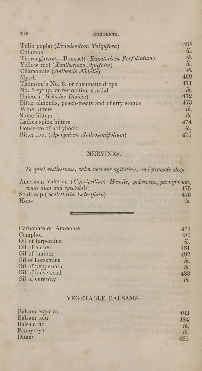 Tulip poplar (Liriodendron Tulipifera) 468 Columba Thoroughwort—Bonesett (Eupatorium Perfoliaium) Yellow root [Xanthoriaza Apufolia) ^. Chamomile (Anthemis Nobilis) Myrrh 469 Thomson's No. 6, or rheumatic drops 471 No. 5 syrup, or restorative cordial ib. Unicorn (Helonias Dioicia) 472 Bitter almonds, peach-meats and cherry stones- 473 Wine bitters ib. Spice bitters ib. Ladies spice bitters 474 Conserve of hollyhock ib. Bitter root (Apacynium Androsemifolium) Alb NERVINES. To quiet restlessness, calm nervous agitation, and promote sleep. American valerian (Cypripedium Humile, pubescens, parviftorum, condi dum and spectabile) 475 Scull-cap [Scutellaria Lateriflora) 476 Hops ib. Carbonate of Ammonia1 479 Camphor 480 Oil of turpentine ib. Oil of amber 481 Oil of juniper 482 Oil of horsemint ib. Oil of peppermint ib. Oil of anise seed 483 Oil of caraway VEGETABLE BALSAMS. Balsam copaiva  433 Balsam tolu 434 Balsam fir ^ Pennyroyal jfK Ditany 485