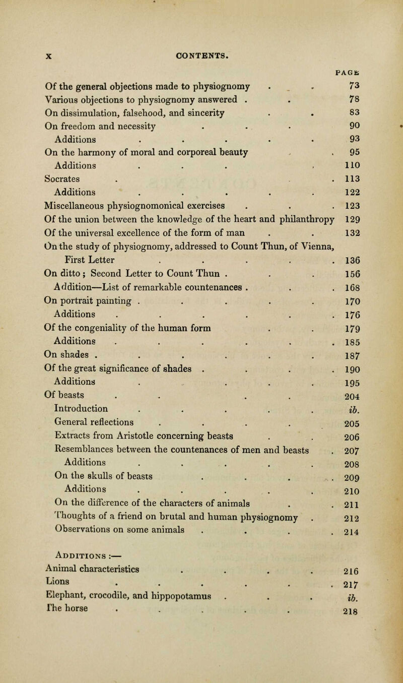 PAGfc Of the general objections made to physiognomy . . 73 Various objections to physiognomy answered . . 78 On dissimulation, falsehood, and sincerity . . 83 On freedom and necessity ... 90 Additions ..... 93 On the harmony of moral and corporeal beauty .95 Additions ... ,110 Socrates . . 113 Additions . . . .122 Miscellaneous physiognomonical exercises . . .123 Of the union between the knowledge of the heart and philanthropy 129 Of the universal excellence of the form of man . . 132 On the study of physiognomy, addressed to Count Thun, of Vienna, First Letter . . . . .136 On ditto; Second Letter to Count Thun . . . 156 Addition—List of remarkable countenances . . .168 On portrait painting . . . . .170 Additions . . . . . .176 Of the congeniality of the human form . . 179 Additions ...... 185 On shades ...... 187 Of the great significance of shades . . . .190 Additions . . . .195 Of beasts . . . . 204 Introduction . . . . . ib. General reflections .... 205 Extracts from Aristotle concerning beasts . . 206 Resemblances between the countenances of men and beasts . 207 Additions . . . . . 208 On the skulls of beasts .... 209 Additions . . . . .210 On the difference of the characters of animals . .211 Thoughts of a friend on brutal and human physiognomy . 212 Observations on some animals . . . .214 Additions :— Animal characteristics . . . . 216 Lions . . . m „ .217 Elephant, crocodile, and hippopotamus . . . j&. The horse ..... 218