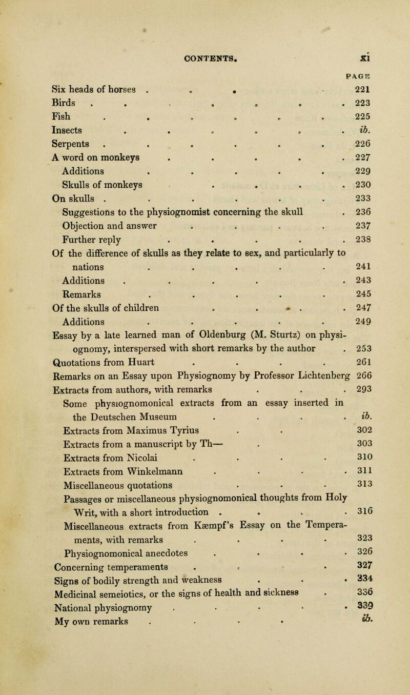 PAGE Six heads of horses . . . 221 Birds . . . . . . .223 Fish ...... 225 Insects . . . . . . ib. Serpents ...... 226 A word on monkeys ..... 227 Additions ..... 229 Skulls of monkeys ..... 230 On skulls ...... 233 Suggestions to the physiognomist concerning the skull . 236 Objection and answer .... 237 Further reply . . . . .238 Of the difference of skulls as they relate to sex, and particularly to nations ..... Additions .... Remarks ..... Of the skulls of children . » . Additions ..... Essay by a late learned man of Oldenburg (M. Sturtz) on physi- ognomy, interspersed with short remarks by the author Quotations from Huart .... Remarks on an Essay upon Physiognomy by Professor Lichtenberg 266 Extracts from authors, with remarks . . . 293 Some physiognomonical extracts from an essay inserted in the Deutschen Museum .... Extracts from Maximus Tyrius Extracts from a manuscript by Th— Extracts from Nicolai .... Extracts from Winkelmann .... Miscellaneous quotations Passages or miscellaneous physiognomonical thoughts from Holy Writ, with a short introduction .... Miscellaneous extracts from Kaempf's Essay on the Tempera- ments, with remarks .... Physiognomonical anecdotes .... Concerning temperaments Signs of bodily strength and weakness Medicinal semeiotics, or the signs of health and sickness National physiognomy ..... My own remarks . 241 243 245 247 249 253 261 ib. 302 303 310 311 313 316 323 326 327 334 336 339 ib.