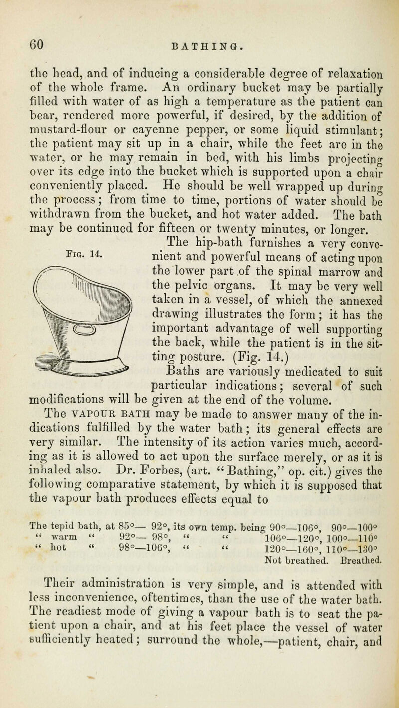 Fig. 14. the head, and of inducing a considerable degree of relaxation of the whole frame. An ordinary bucket may be partially filled with water of as high a temperature as the patient can bear, rendered more powerful, if desired, by the addition of mustard-flour or cayenne pepper, or some liquid stimulant; the patient may sit up in a chair, while the feet are in the water, or he may remain in bed, with his limbs projecting over its edge into the bucket which is supported upon a chair conveniently placed. He should be well wrapped up during the process; from time to time, portions of water should be withdrawn from the bucket, and hot water added. The bath may be continued for fifteen or twenty minutes, or longer. The hip-bath furnishes a very conve- nient and powerful means of acting upon the lower part of the spinal marrow and the pelvic organs. It may be very well taken in a vessel, of which the annexed drawing illustrates the form; it has the important advantage of well supporting the back, while the patient is in the sit- ting posture. (Fig. 14.) Baths are variously medicated to suit particular indications; several of such modifications will be given at the end of the volume. The vapour bath may be made to answer many of the in- dications fulfilled by the water bath; its general effects are very similar. The intensity of its action varies much, accord- ing as it is allowed to act upon the surface merely, or as it is inhaled also. Dr. Forbes, (art. Bathing, op. cit.) gives the following comparative statement, by which it is supposed that the vapour bath produces effects equal to The tepid bath, at 85°— 92°, its own temp, being 90°—106°, 90°—100°  warm  92°— 98°,   106°—120°, 100°—110°  hot  98°—106°,   120° 160°, 110°—130° Not breathed. Breathed. Their administration is very simple, and is attended with less inconvenience, oftentimes, than the use of the water bath. The readiest mode of giving a vapour bath is to seat the pa- tient upon a chair, and at his feet place the vessel of water sufficiently heated; surround the whole,—patient, chair, and