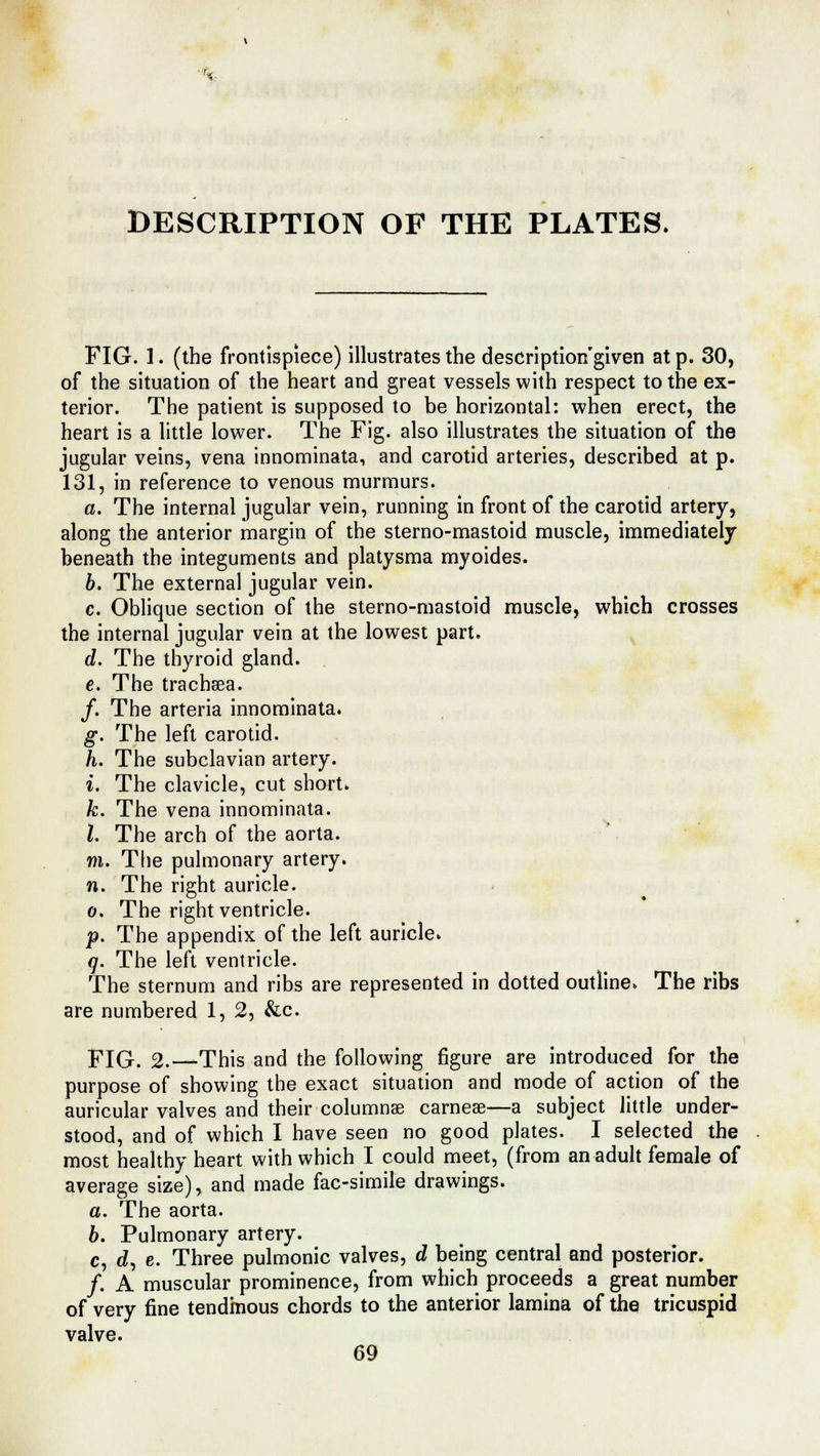DESCRIPTION OF THE PLATES. FIG. 1. (the frontispiece) illustrates the description'given at p. 30, of the situation of the heart and great vessels with respect to the ex- terior. The patient is supposed to be horizontal: when erect, the heart is a little lower. The Fig. also illustrates the situation of the jugular veins, vena innominata, and carotid arteries, described at p. 131, in reference to venous murmurs. a. The internal jugular vein, running in front of the carotid artery, along the anterior margin of the sterno-mastoid muscle, immediately beneath the integuments and platysma myoides. b. The external jugular vein. c. Oblique section of the sterno-mastoid muscle, which crosses the internal jugular vein at the lowest part. d. The thyroid gland. e. The tracheea. /. The arteria innominata. g. The left carotid. h. The subclavian artery. i. The clavicle, cut short. k. The vena innominata. I. The arch of the aorta. m. The pulmonary artery. n. The right auricle, o. The right ventricle. p. The appendix of the left auricle. q. The left ventricle. The sternum and ribs are represented in dotted outline. The ribs are numbered 1, 2, &c. FIG. 2.—This and the following figure are introduced for the purpose of showing the exact situation and mode of action of the auricular valves and their columnse carnese—a subject little under- stood, and of which I have seen no good plates. I selected the most healthy heart with which I could meet, (from an adult female of average size), and made fac-simile drawings. a. The aorta. b. Pulmonary artery. c. d, e. Three pulmonic valves, d being central and posterior. /. A muscular prominence, from which proceeds a great number of very fine tendinous chords to the anterior lamina of the tricuspid valve. 69