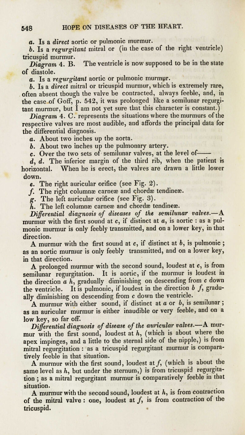 a. Is a direct aortic or pulmonic murmur. b. Is a regurgitant mitral or (in the case of the right ventricle) tricuspid murmur. Diagram 4. B. The ventricle is now supposed to be in the state of diastole. a. Is a regurgitant aortic or pulmonic murmur. b. Is a direct mitral or tricuspid murmur, which is extremely rare, often absent though the valve be contracted, always feeble, and, in the case of Goff, p. 542, it was prolonged like a semilunar regurgi- tant murmur, but I am not yet sure that this character is constant.) Diagram 4. C. represents the situations where the murmurs of the respective valves are most audible, and affords the principal data for the differential diagnosis. a. About two inches up the aorta. b. About two inches up the pulmonary artery. c. Over the two sets of semilunar valves, at the level of d. d. The inferior margin of the third rib, when the patient is horizontal. When he is erect, the valves are drawn a little lower down. e. The right auricular orifice (see Fig. 2). /. The right columnae carneae and chordae tendineae. g. The left auricular orifice (see Fig. 3). h. The left columnaa carneae and chordae tendineae. Differential diagnosis of diseases of the semilunar valves.—A murmur with the first sound at c, if distinct at a, is aortic : as a pul- monic murmur is only feebly transmitted, and on a lower key, in that direction. A murmur with the first sound at c, if distinct at 6, is pulmonic ; as an aortic murmur is only feebly transmitted, and on a lower key, in that direction. A prolonged murmur with the second sound, loudest at c, is from semilunar regurgitation. It is aortic, if the murmur is loudest in the direction a h, gradually diminishing on descending from c down the ventricle. It is pulmonic, if loudest in the direction b /, gradu- ally diminishing on descending from c down the ventricle. A murmur with either sound, if distinct at a or b, is semilunar; as an auricular murmur is either inaudible or very feeble, and on a low key, so far off. Differential diagnosis of disease of the auricular valves.—A mur- mur with the first sound, loudest at h, (which is about where the apex impinges, and a little to the sternal side of the nipple,) is from mitral regurgitation : as a tricuspid regurgitant murmur is compara- tively feeble in that situation. A murmur with the first sound, loudest at/, (which is about the same level as h, but under the sternum,) is from tricuspid regurgita- tion ; as a mitral regurgitant murmur is comparatively feeble in that situation. A murmur with the second sound, loudest at h, is from contraction of the mitral valve : one, loudest at /, is from contraction of the tricuspid.