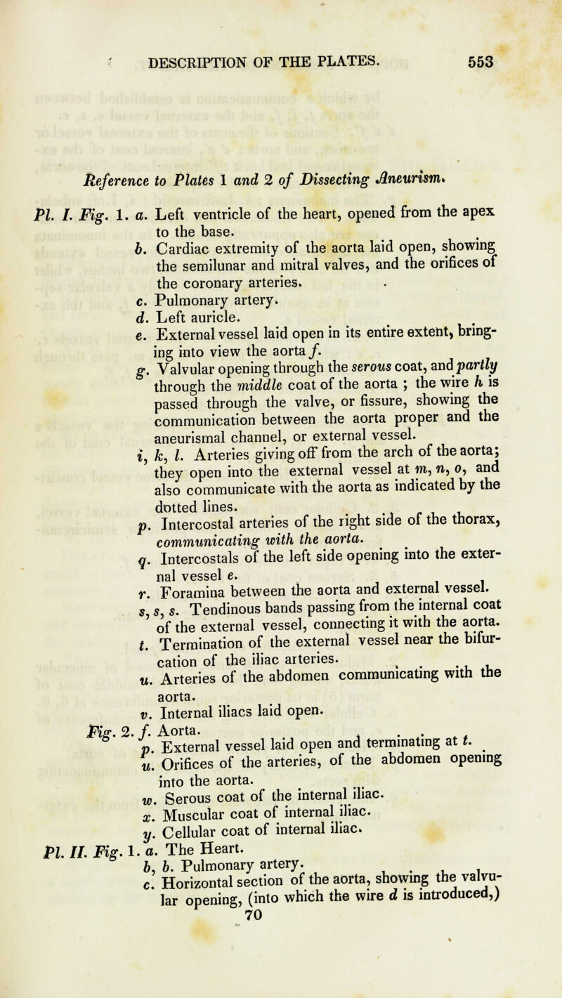Reference to Plates I and 2 of Dissecting Aneurism* Pi. I. Fig. 1. a. Left ventricle of the heart, opened from the apex to the base. b. Cardiac extremity of the aorta laid open, showing the semilunar and mitral valves, and the orifices of the coronary arteries. c. Pulmonary artery. d. Left auricle. e. External vessel laid open in its entire extent, bring- ing into view the aorta/. g. Valvular opening through the serous coat, and\partly through the middle coat of the aorta ; the wire h is passed through the valve, or fissure, showing the communication between the aorta proper and the aneurismal channel, or external vessel. i, k, I. Arteries giving off from the arch of the aorta; they open into the external vessel at m, n, o, and also communicate with the aorta as indicated by the dotted lines. p. Intercostal arteries of the right side of the thorax, communicating with the aorta. q. Intercostals of the left side opening into the exter- nal vessel e. r. Foramina between the aorta and external vessel. s, s, s. Tendinous bands passing from the internal coat ' of the external vessel, connecting it with the aorta. t. Termination of the external vessel near the bifur- cation of the iliac arteries. ( u. Arteries of the abdomen communicating with the aorta. v. Internal iliacs laid open. Fig. 2. f. Aorta. . . p External vessel laid open and terminating at t. u. Orifices of the arteries, of the abdomen opening into the aorta. w. Serous coat of the internal iliac x. Muscular coat of internal iliac. y. Cellular coat of internal iliac Pi. II. Fig. 1. a. The Heart. 6, b. Pulmonary artery. c. Horizontal section of the aorta, showing the valvu- lar opening, (into which the wire d is introduced,) 70