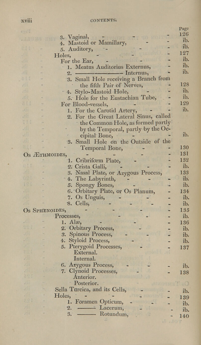 3. Vaginal, 4. Mastoid or Mamillary, 5. Auditory, Holes, For the Ear, - 1. Meatus Auditorius Externus, 2. Internus, 3. Small Hole receiving a Branch from the fifth Pair of Nerves, - 4. Stylo-Mastoid Hole, 5. Hole for the Eustachian Tube, . - For Blood-vessels, 1. For the Carotid Artery, 2. For the Great Lateral Sinus, called the Common Hole, as formed partly by the Temporal, partly by the Oc- cipital Bone, 3. Small Hole on the Outside of the Temporal Bone, OS iETHMOIDES, - 1. Cribriform Plate, 2. Crista Galli, - - 3. Nasal Plate, or Azygous Process, 4. The Labyrinth, - 5. Spongy Bones, 6. Orbitary Plate, or Os Planum, 7. Os Unguis, - - ■8. Cells, - Os Sphenoides, - Processes, - - 1. Ala?, - 2. Orbitary Process, 3. Spinous Process, - 4. Styloid Process, 5. Pterygoid Processes, External. Internal. 6. Azygous Process, - 7. Clynoid Processes, Anterior. Posterior. Sella Turcica, and its Cells, Holes,  1. Foramen Opticum, - _ 2. Lacerum, 3. Rotundum, Page 126 ib. ib. 127 ib. ib. ib. 128 ib. ib. 129 ib. ib. 130 131 132 ib. .133 ib. ib. 134 ib. ib. 135 ib. 136 ib. ib. ib. 137 ib. 138 ib. 139 ib. ib. 140