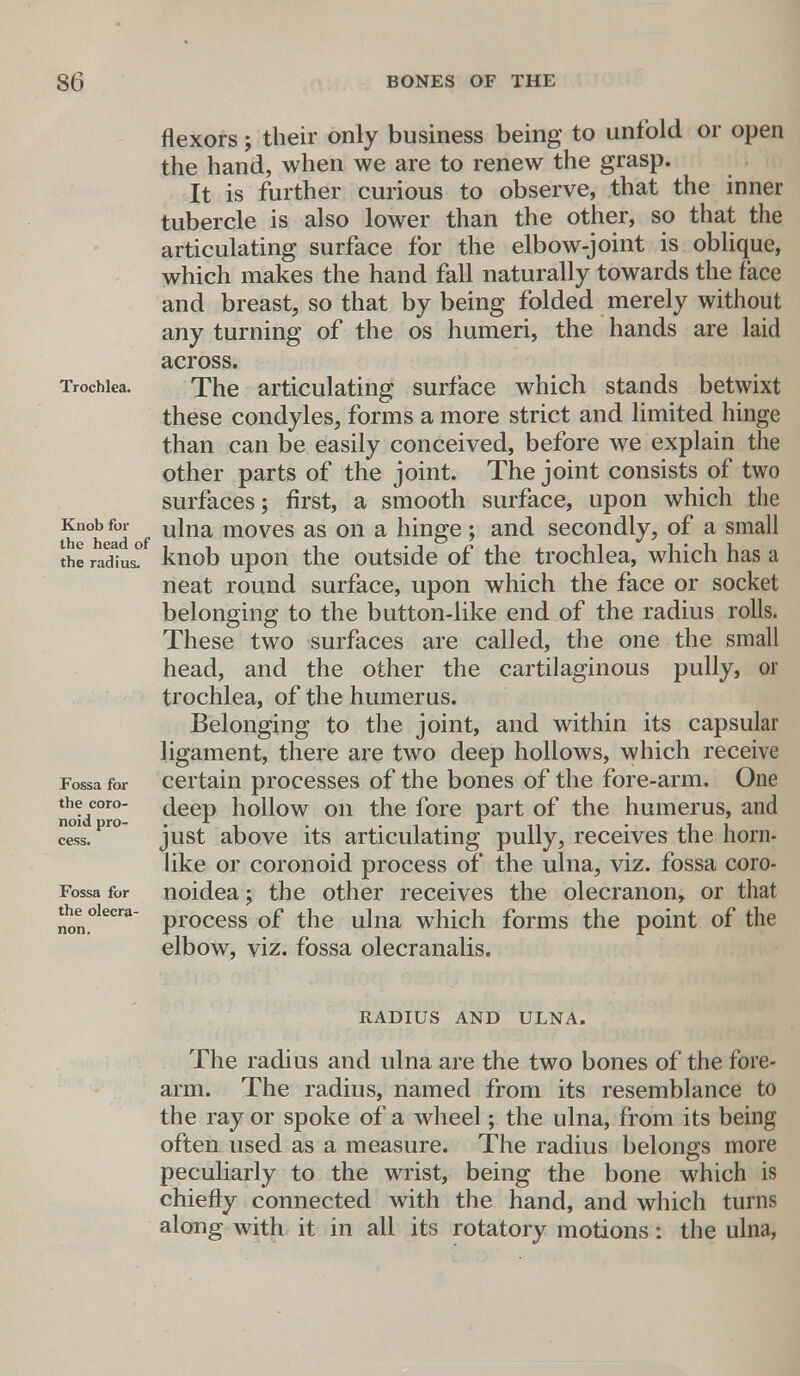 flexors; their only business being to unfold or open the hand, when we are to renew the grasp. It is further curious to observe, that the inner tubercle is also lower than the other, so that the articulating surface for the elbow-joint is oblique, which makes the hand fall naturally towards the face and breast, so that by being folded merely without any turning of the os humeri, the hands are laid across. Trochlea. The articulating surface which stands betwixt these condyles, forms a more strict and limited hinge than can be easily conceived, before we explain the other parts of the joint. The joint consists of two surfaces; first, a smooth surface, upon which the thn°h f°d f u^na moves as on a nmge 5 ana secondly, of a small the radium knob upon the outside of the trochlea, which has a neat round surface, upon which the face or socket belonging to the button-like end of the radius rolls. These two surfaces are called, the one the small head, and the other the cartilaginous pully, or trochlea, of the humerus. Belonging to the joint, and within its capsular ligament, there are two deep hollows, which receive Fossa for certain processes of the bones of the fore-arm. One noidT ^eeP n°U°w 011 tne f°re Part °f tne humerus, and ess. pr° just above its articulating pully, receives the horn- like or coronoid process of the ulna, viz. fossa coro- Fossa for noidea; the other receives the olecranon, or that process of the ulna which forms the point of the elbow, viz. fossa olecranalis. the olecra- RADIUS AND ULNA. The radius and ulna are the two bones of the fore- arm. The radius, named from its resemblance to the ray or spoke of a wheel; the ulna, from its being often used as a measure. The radius belongs more peculiarly to the wrist, being the bone which is chiefly connected with the hand, and which turns along with it in all its rotatory motions: the ulna,