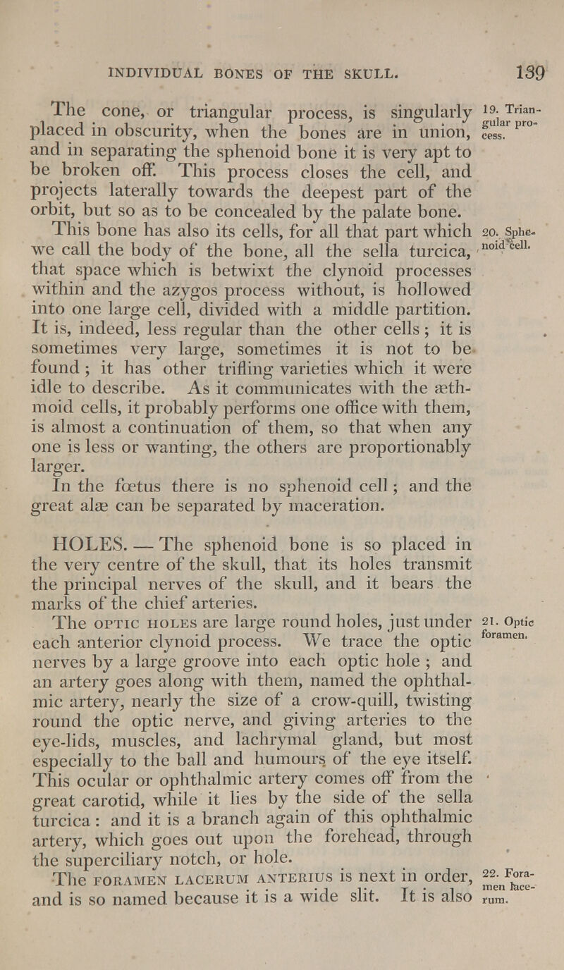The cone, or triangular process, is singularly ift Wan- placed in obscurity, when the bones are in union, SL pr° and in separating the sphenoid bone it is very apt to be broken off. This process closes the cell, and projects laterally towards the deepest part of the orbit, but so as to be concealed by the palate bone. This bone has also its cells, for all that part which 2a sPhe- we call the body of the bone, all the sella turcica, noid^elL that space which is betwixt the clynoid processes within and the azygos process without, is hollowed into one large cell, divided with a middle partition. It is, indeed, less regular than the other cells ; it is sometimes very large, sometimes it is not to be found ; it has other trifling varieties which it were idle to describe. As it communicates with the seth- moid cells, it probably performs one office with them, is almost a continuation of them, so that when any one is less or wanting, the others are proportionably larger. In the foetus there is no sphenoid cell; and the great alee can be separated by maceration. HOLES. — The sphenoid bone is so placed in the very centre of the skull, that its holes transmit the principal nerves of the skull, and it bears the marks of the chief arteries. The optic holes are large round holes, just under 21. Optic each anterior clynoid process. We trace the optic foramen' nerves by a large groove into each optic hole ; and an artery goes along with them, named the ophthal- mic artery, nearly the size of a crow-quill, twisting round the optic nerve, and giving arteries to the eye-lids, muscles, and lachrymal gland, but most especially to the ball and humours of the eye itself. This ocular or ophthalmic artery comes off from the ' great carotid, while it lies by the side of the sella turcica: and it is a branch again of this ophthalmic artery, which goes out upon the forehead, through the superciliary notch, or hole. The foramen lacerum anterius is next in order, ^Fo«- and is so named because it is a wide slit. It is also rum.