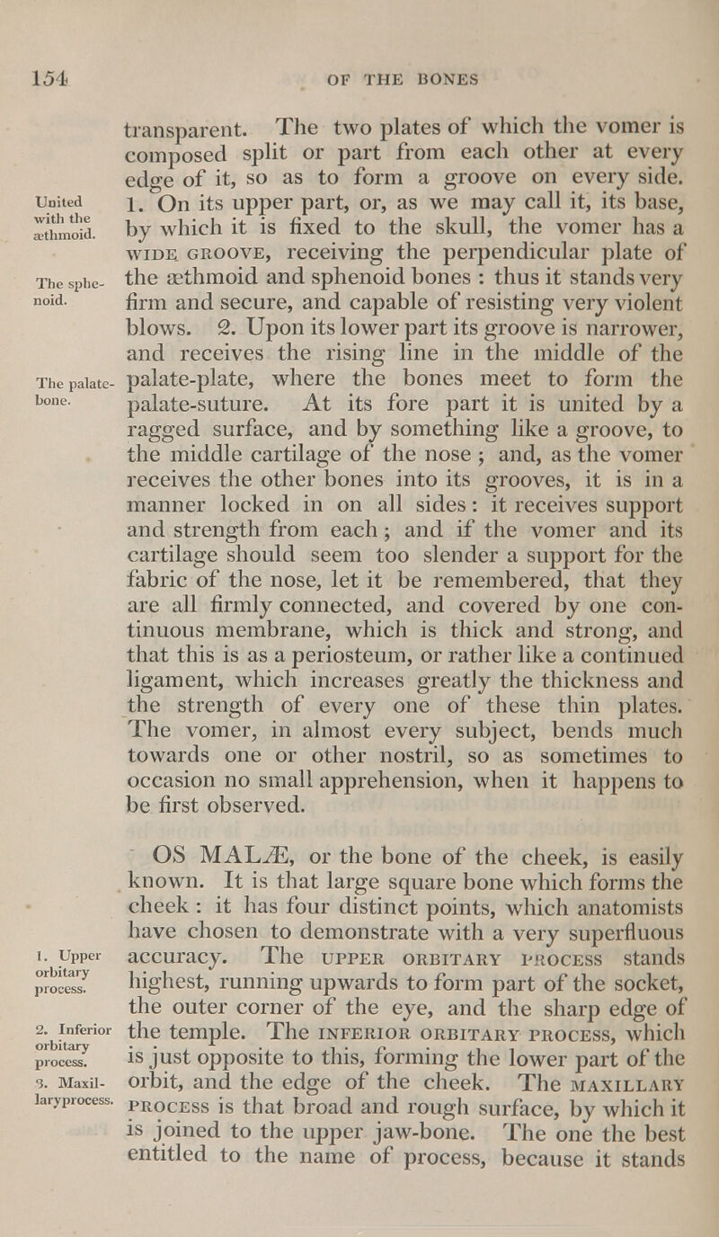 transparent. The two plates of which the vomer is composed split or part from each other at every edge of it, so as to form a groove on every side. United i. On its upper part, or, as we may call it, its base, Shmoid. by which it is fixed to the skull, the vomer has a wide groove, receiving the perpendicular plate of The sphe- the sethmoid and sphenoid bones : thus it stands very noid. fjrm an(l secure, and capable of resisting very violent blows. 2. Upon its lower part its groove is narrower, and receives the rising line in the middle of the The palate- palate-plate, where the bones meet to form the bone. palate-suture. At its fore part it is united by a ragged surface, and by something like a groove, to the middle cartilage of the nose ; and, as the vomer receives the other bones into its grooves, it is in a manner locked in on all sides: it receives support and strength from each; and if the vomer and its cartilage should seem too slender a support for the fabric of the nose, let it be remembered, that they are all firmly connected, and covered by one con- tinuous membrane, which is thick and strong, and that this is as a periosteum, or rather like a continued ligament, which increases greatly the thickness and the strength of every one of these thin plates. The vomer, in almost every subject, bends much towards one or other nostril, so as sometimes to occasion no small apprehension, when it happens to be first observed. OS MALiE, or the bone of the cheek, is easily known. It is that large square bone which forms the cheek : it has four distinct points, which anatomists have chosen to demonstrate with a very superfluous accuracy. The upper orbitary process stands highest, running upwards to form part of the socket, the outer corner of the eye, and the sharp edge of the temple. The inferior orbitary process, which is just opposite to this, forming the lower part of the orbit, and the edge of the cheek. The maxillary process is that broad and rough surface, by which it is joined to the upper jaw-bone. The one the best entitled to the name of process, because it stands 1. Upper orbitary process. 2. Inferior orbitary process. ■3. Maxil- laryprocess.