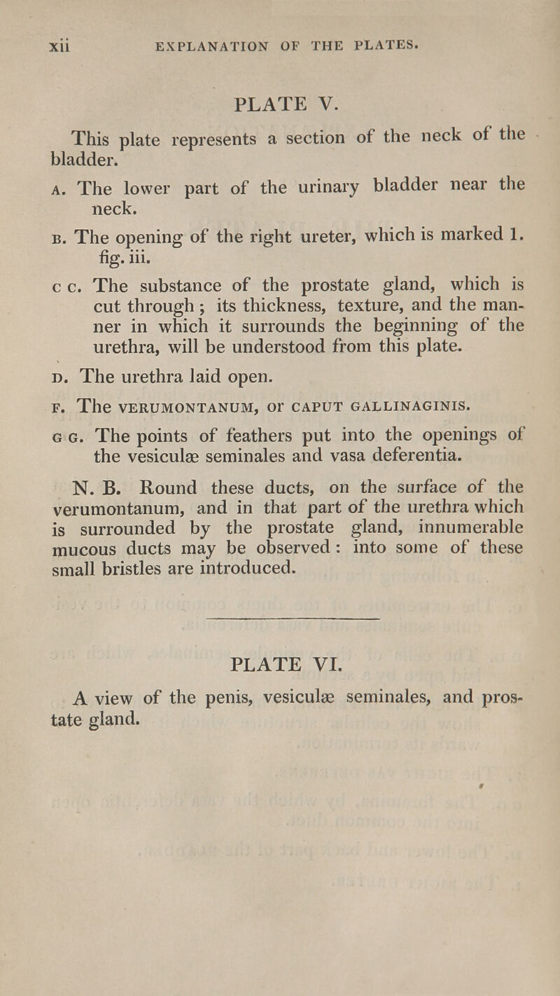 PLATE V. This plate represents a section of the neck of the bladder. a. The lower part of the urinary bladder near the neck. b. The opening of the right ureter, which is marked 1. fig. iii. c c. The substance of the prostate gland, which is cut through ; its thickness, texture, and the man- ner in which it surrounds the beginning of the urethra, will be understood from this plate. d. The urethra laid open. F. The VERUMONTANUM, Or CAPUT GALLINAGINIS. g g. The points of feathers put into the openings of the vesiculse seminales and vasa deferentia. N. B. Round these ducts, on the surface of the verumontanum, and in that part of the urethra which is surrounded by the prostate gland, innumerable mucous ducts may be observed: into some of these small bristles are introduced. PLATE VI. A view of the penis, vesiculae seminales, and pros- tate gland.