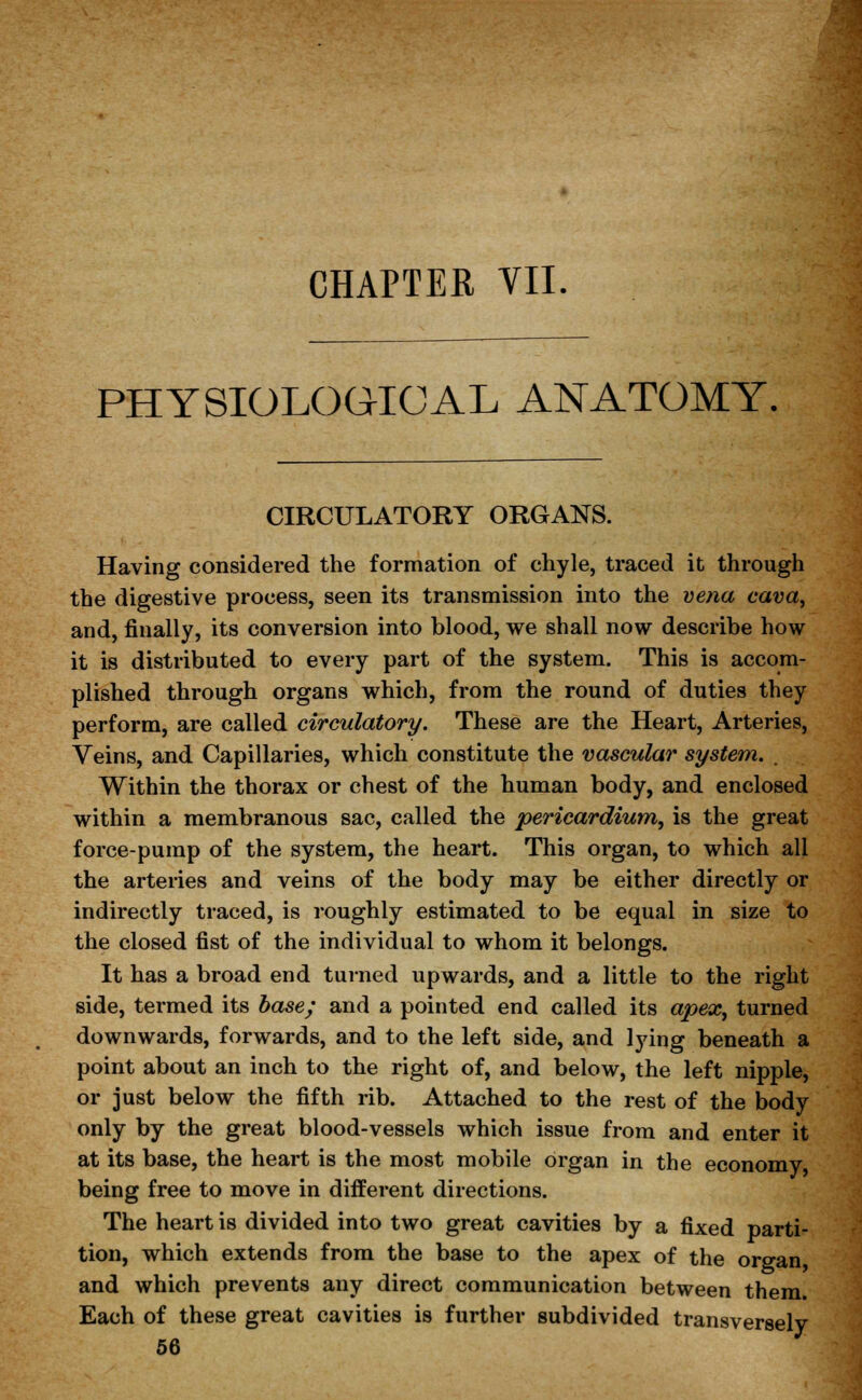 PHYSIOLOGICAL ANATOMY. CIRCULATORY ORGANS. Having considered the formation of chyle, traced it through the digestive process, seen its transmission into the vena cava, and, finally, its conversion into blood, we shall now describe how it is distributed to every part of the system. This is accom- plished through organs which, from the round of duties they perform, are called circulatory. These are the Heart, Arteries, Veins, and Capillaries, which constitute the vascular system. . Within the thorax or chest of the human body, and enclosed within a membranous sac, called the pericardium, is the great force-pump of the system, the heart. This organ, to which all the arteries and veins of the body may be either directly or indirectly traced, is roughly estimated to be equal in size to the closed fist of the individual to whom it belongs. It has a broad end turned upwards, and a little to the right side, termed its base; and a pointed end called its apex, turned downwards, forwards, and to the left side, and lying beneath a point about an inch to the right of, and below, the left nipple, or just below the fifth rib. Attached to the rest of the body only by the great blood-vessels which issue from and enter it at its base, the heart is the most mobile organ in the economy being free to move in different directions. The heart is divided into two great cavities by a fixed parti- tion, which extends from the base to the apex of the organ and which prevents any direct communication between them. Each of these great cavities is further subdivided transversely