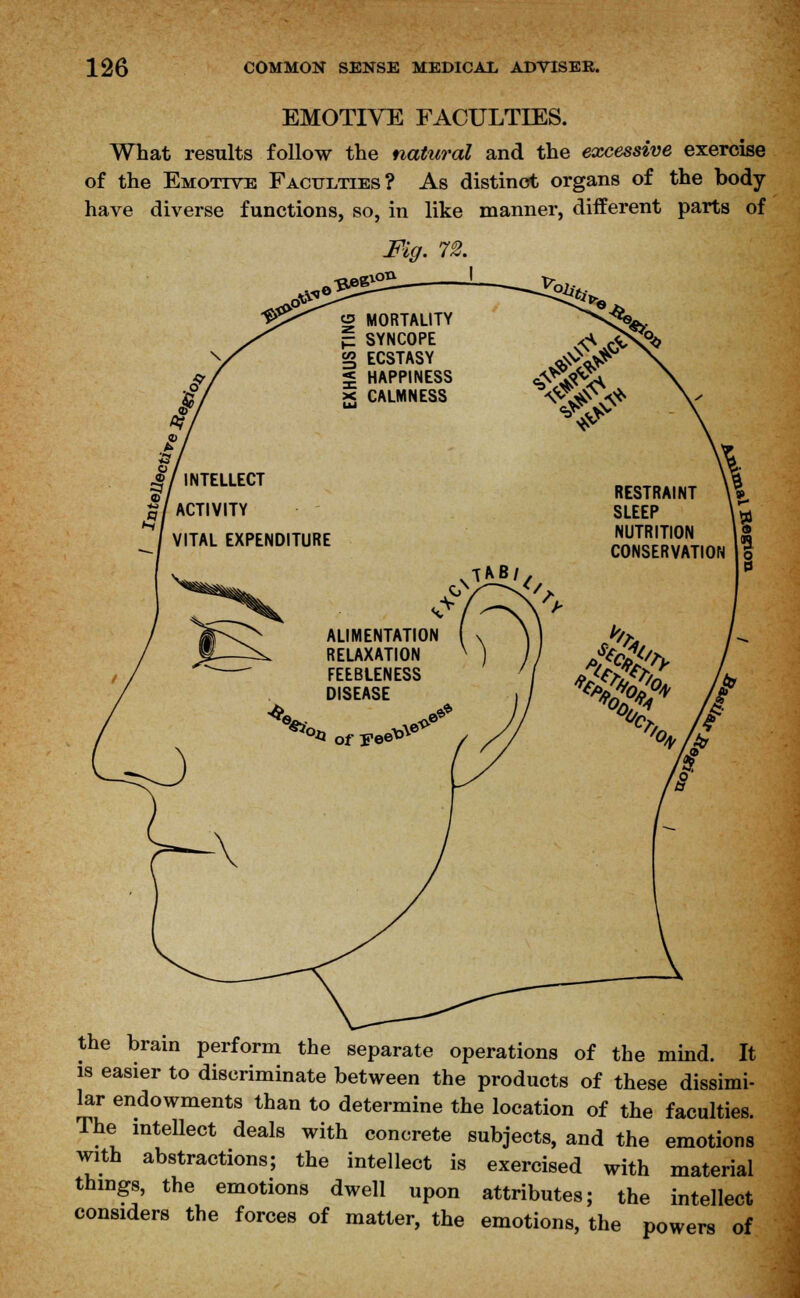 EMOTIVE FACULTIES. What results follow the natural and the excessive exercise of the Emotive Faculties? As distinct organs of the body have diverse functions, so, in like manner, different parts of Fig. 72. the brain perform the separate operations of the mind. It is easier to discriminate between the products of these dissimi- lar endowments than to determine the location of the faculties. The intellect deals with concrete subjects, and the emotions with abstractions; the intellect is exercised with material things, the emotions dwell upon attributes; the intellect considers the forces of matter, the emotions, the powers of
