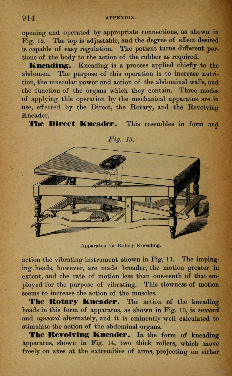 opening and operated by appropriate connections, as shown in Fig. 12. The top is adjustable, and the degree of effect desired is capable of easy regulation. The patient turns different por- tions of the body to the action of the rubber as required. Kneading. Kneading is a process applied chiefly to the abdomen. The purpose of this operation is to increase nutri- tion, the muscular power and action of the abdominal walls, and the function of the organs which they contain. Three modes of applying this operation by the mechanical apparatus are in use, effected by the Direct, the Rotary, and the Revolving Kneader. The Direct Kneader. This resembles in form and Fig. 13. Apparatus for Rotary Kneading. action the vibrating instrument shown in Fig. 11. The imping- ing heads, however, are made broader, the motion greater in extent, and the rate of motion less than one-tenth of that em- ployed for the purpose of vibrating. This slowness of motion seems to increase the action of the muscles. The Rotary Kneader. The action of the kneading heads in this form of apparatus, as shown in Fig. 13, is inward and upward alternately, and it is eminently well calculated to stimulate the action of the abdominal organs. The Revolving Kneader. In the form of kneading apparatus, shown in Fig. 14, two thick rollers, which move freely on axes at the extremities of arms, projecting on either