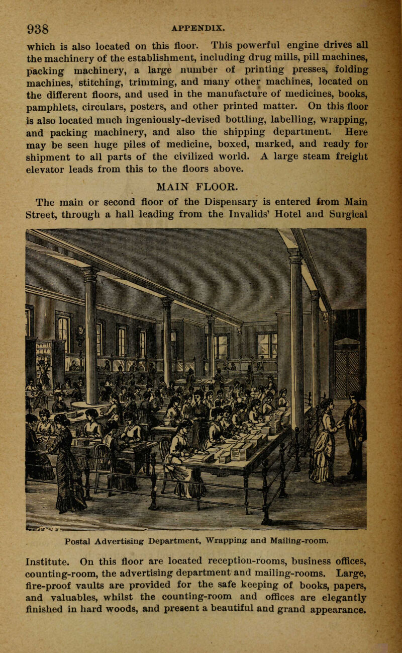 which is also located on this floor. This powerful engine drives all the machinery of the establishment, including drug mills, pill machines, packing machinery, a large number of printing presses, folding machines, stitching, trimming, and many other machines, located on the different floors, and used in the manufacture of medicines, books, pamphlets, circulars, posters, and other printed matter. On this floor is also located much ingeniously-devised bottling, labelling, wrapping, and packing machinery, and also the shipping department. Here may be seen huge piles of medicine, boxed, marked, and ready for shipment to all parts of the civilized world. A large steam freight elevator leads from this to the floors above. MAIN FLOOR. The main or second floor of the Dispensary is entered from Main Street, through a hall leading from the Invalids' Hotel and Surgical Postal Advertising Department, Wrapping and Mailing-room. Institute. On this floor are located reception-rooms, business offices, counting-room, the advertising department and mailing-rooms. Large, fire-proof vaults are provided for the safe keeping of books, papers, and valuables, whilst the counting-room and offices are elegantly finished in hard woods, and present a beautiful and grand appearance.