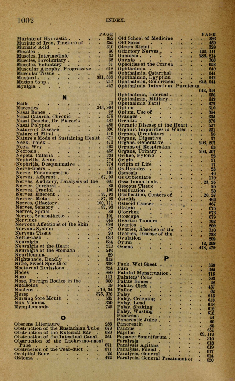 PAGE Muriate of Hydrastia .... 352 Muriate of Iron, Tincture of . . 355 Muriatic Acid 310 Muscles 30 Muscles, Intermediate ... 32 Muscles, Involuntary .... 32 Muscles, Voluntary .... 31 Muscular Atrophy, Progressive . 618 Muscular Tissue 20 Mustard 331, 339 Mutton Soup 247 Myalgia 427 N Nails 73 Narcotics 343,904 Nasal Bones 22 Nasal Catarrh, Chronic . . .478 Nasal Douche, Dr. Pierce's . . 487 Nasal Polypus 489 Nature of Disease .... 390 Nature of Mind 146 Nature's Mode of Sustaining Health 371 Neck, Thick ...... 473 Neck, Wry 465 Necrosis 462 Nepeta Cataria 334 Nephritis, Acute . . . . . 774 Nephritis, Desquamative . . . 774 Nerve-fibers 87 Nerve, Pneumogastric . . .101 Nerves, Afferent 87, 93 Nerves, Auditory, Paralysis of the 681 Nerves, Cerebral 89 Nerves, Cranial 100 Nerves, Efferent 87, 93 Nerves, Motor 87, 93 Nerves, Olfactory.... 100, 111 Nerves, Sensory 87, 93 Nerves, Spinal 89 Nerves, Sympathetic .... 101 Nervines 345 Nervous Affections of the Skin . 696 Nervous System 87 Nervous Tissue 20 Nettle-rash 693 Neuralgia 634 Neuralgia of the Heart . . . 533 Neuralgia of the Stomach . . . 542 Neurilemma 89 Nightshade, Deadly .... 312 Nitre, Sweet Spirits of ... 338 Nocturnal Emissions .... 824 Nodes 880 Nose Ill Nose, Foreign Bodies in the . . 900 Nucleolus 19 Nucleus . 19, 54 Nurse 375, 376 Nursing Sore Mouth .... 535 Nux Vomica 350 Nymphomania 745 o Obscene Literature .... 285 Obstruction of the Eustachian Tube 678 Obstruction of the External Ear . 680 Obstruction of the Intestinal Canal 564 Obstruction of the Lachrymo-nasal Tube 671 Obstruction of the Tear-duct . . 671 Occipital Bone 22 CEdema 422 PAGE . 293 . 459 . 328 100, 111 286, 814 703 Old School of Medicine Old Sores Oleum Ricini. Olfactory Nerves . Onanism. Onyxis . Opacities of the Cornea . . . 653 Ophthalmia 640 Ophthalmia, Catarrhal . . .641 Ophthalmia, Egyptian . . .642 Ophthalmia, Gonorrheal . . 642,644 Ophthalmia Infantium Purulenta 642,644 Ophthalmia, Internal .... 656 Ophthalmia, Military .... 642 Ophthalmia Tarsi .... 672 Opium . . . . . . 310 Opium, Use of 384 Oranges 335 Orchitis 878 Organic Disease of the Heart Organic Impurities in Water Organs, Circulatory . Organs, Digestive Organs, Generative Organs of Respiration Organs, Urinary . Orifice, Pyloric . Origin Origin of Life . 527 . 251 56 37 206,207 63 206,207 82 31 17 Os Hyoides 23 Osmosis Os Orbiculare 46 110 Ossa Innominata 23, 25 Osseous Tissue 20 Ossification 20 Ossification, Centers of 20, 27 Osteitis 462 Osteoid Cancer 467 Otalgia * . .675 Otorrhea 676 Otoscope 679 Ovarian Tumors 762 Ovaries 209 Ovaries, Absence of the . . . 710 Ovaries, Disease of the ... 738 Ovulation 209 Ovum 12,209 Ozama 478,479 Pack, Wet Sheet . Pain Painful Menstruation Painters' Colic Palate Bones . Palate, Cleft . Pallor Palsy Palsy, Creeping . Palsy, Lead . Palsy, Shaking Palsy, Wasting . Pancreas Pancreatic Juice . Pancreatin Pannus . Papillae . Papaver Somniferum Paralysis Paralysis Agitans Paralysis, Facial . Paralysis, General Paralysis, General Treatment of 368 395 715 563 22 457 62 613 618 618 619 618 44 80 80 651 >, 112 310 613 619 617 614 620