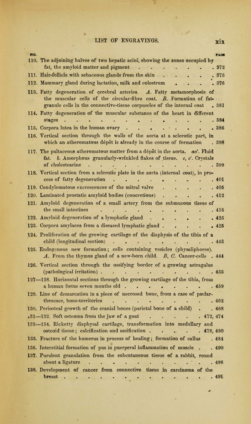 flG. PAG* 110. The adjoining halves of two hepatic acini, showing the zones occupied by fat, the amyloid matter and pigment ....... 372 111. Hair-follicle with sebaceous glands from the skin 375 112. Mammary gland during lactation, milk and colostrum .... 376 113. Fatty degeneration of cerebral arteries. A. Fatty metamorphosis of the muscular cells of the circular-fibre coat. B. Formation of fat- granule cells in the connective-tissue corpuscles of the internal coat . 381 114. Fatty degeneration of the muscular substance of the heart in different stages 384 115. Corpora lutea in the human ovary . . . . • . . . . 386 116. Vertical section through the walls of the aorta at a sclerotic part, in which an atheromatous depot is already in the course of formation . 398 117. The pultaceous atheromatous matter from a depot in the aorta, aa'. Fluid fat. b. Amorphous granularly-wrinkled flakes of tissue, c, c'. Crystals of cholestearine ........... 399 118. Vertical section from a sclerotic plate in the aorta (internal coat), in pro- cess of fatty degeneration 401 119. Condylomatous excrescences of the mitral valve ..... 405 120. Laminated prostatic amyloid bodies (concretions) ..... 412 121. Amyloid degeneration of a small artery from the submucous tissue of the small intestines . . . . . . . . . .416 122. Amyloid degeneration of a lymphatic gland ...... 425 123. Corpora amylacea from a diseased lymphatic gland 425 124. Proliferation of the growing cartilage of the diaphysis of the tibia of a child (longitudinal section) 443 125. Endogenous new formation; cells containing vesicles (physaliphores). A. From the thymus gland of a new-born child. B, C. Cancer-cells . 444 126. Vertical section through the ossifying border of a growing astragalus (pathological irritation) .......... 455 127—128. Horizontal sections through the growing cartilage of the tibia, from a human foetus seven months old 459 129. Line of demarcation in a piece of necrosed bone, from a case of paedar- throcace, bone-territories ......... 462 130. Periosteal growth of the cranial bones (parietal bone of a child) . . 468 x31—132. Soft osteoma from the jaw of a goat 472,474 133—134. Ricketty diaphysal cartilage, transformation into medullary and osteoid tissue ; calcification and ossification ...... 478, 480 135. Fracture of the humerus in process of healing; formation of callus . 484 136. Interstitial formation of pus in puerperal inflammation of muscle . . 490 137. Purulent granulation from the subcutaneous tissue of a rabbit, round about a ligature ........... 496 138. Development of cancer from connective tissue in carcinoma of the breast 49S