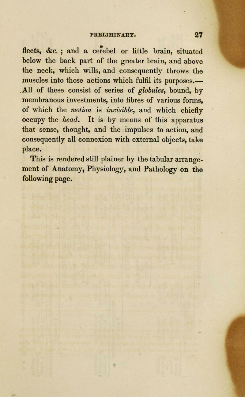 fleets, dec. ; and a cerebel or little brain, situated below the back part of the greater brain, and above the neck, which wills, and consequently throws the muscles into those actions which fulfil its purposes.— All of these consist of series of globules, bound, by membranous investments, into fibres of various forms, of which the motion is invisible, and which chiefly occupy the head. It is by means of this apparatus that sense, thought, and the impulses to action, and consequently all connexion with external objects, take place. This is rendered still plainer by the tabular arrange- ment of Anatomy, Physiology, and Pathology on the following page.