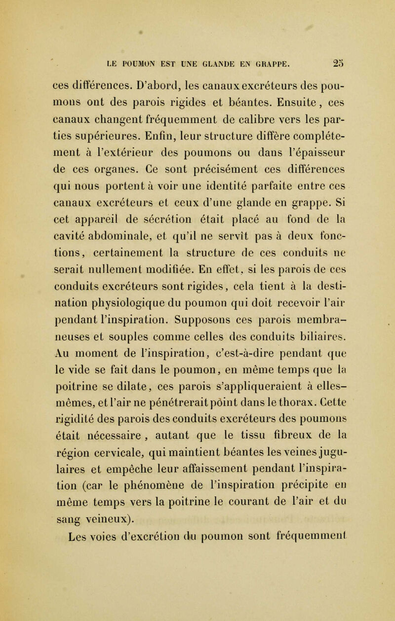 ces différences. D'abord, les canaux excréteurs des pou- mons ont des parois rigides et béantes. Ensuite, ces canaux changent fréquemment de calibre vers les par- ties supérieures. Enfin, leur structure diffère complète- ment à l'extérieur des poumons ou dans l'épaisseur de ces organes. Ce sont précisément ces différences qui nous portent à voir une identité parfaite entre ces canaux excréteurs et ceux d'une glande en grappe. Si cet appareil de sécrétion était placé au fond de la cavité abdominale, et qu'd ne servît pas à deux fonc- tions, certainement la structure de ces conduits ne serait nullement modifiée. En effet, si les parois de ces conduits excréteurs sont rigides, cela tient à la desti- nation physiologique du poumon qui doit recevoir l'air pendant l'inspiration. Supposons ces parois membra- neuses et souples comme celles des conduits biliaires. Au moment de l'inspiration, c'est-à-dire pendant que le vide se fait dans le poumon, en même temps que la poitrine se dilate, ces parois s'appliqueraient à elles- mêmes, et l'air ne pénétrerait point dans le thorax. Cette rigidité des parois des conduits excréteurs des poumons était nécessaire , autant que le tissu fibreux de la région cervicale, qui maintient béantes les veines jugu- laires et empêche leur affaissement pendant l'inspira- tion (car le phénomène de l'inspiration précipite en même temps vers la poitrine le courant de l'air et du sang veineux). Les voies d'excrétion du poumon sont fréquemment