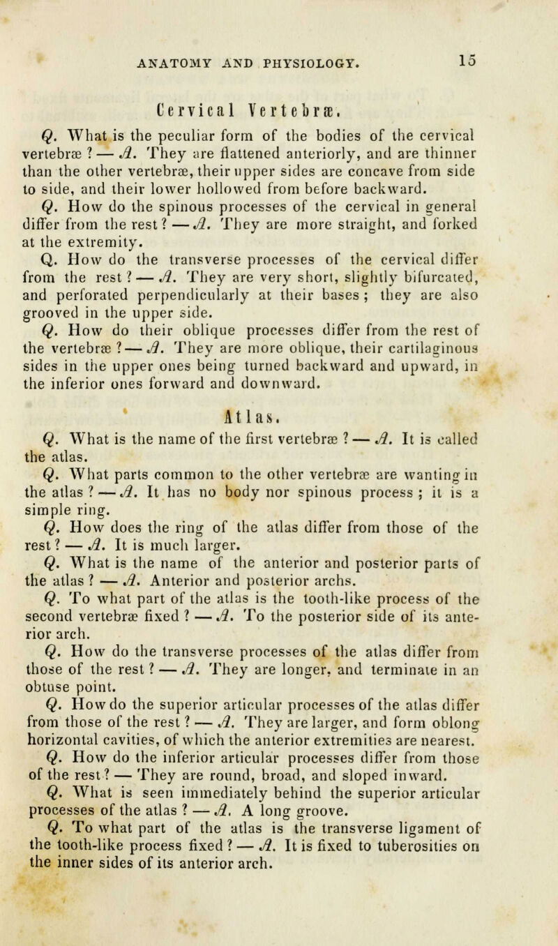 Cervical Vertebrae. Q. What is the peculiar form of the bodies of the cervical vertebras ?— A. They are flattened anteriorly, and are thinner than the other vertebras, their upper sides are concave from side to side, and their lower hollowed from before backward. Q. How do the spinous processes of the cervical in general differ from the rest? —A. They are more straight, and forked at the extremity. Q. How do the transverse processes of the cervical differ from the rest? — A. They are very short, slightly bifurcated, and perforated perpendicularly at their bases ; they are also grooved in the upper side. Q. How do their oblique processes differ from the rest of the vertebras ? — A. They are more oblique, their cartilaginous sides in the upper ones being turned backward and upward, in the inferior ones forward and downward. Atlas. Q. What is the name of the first vertebras ? — A. It is called the atlas. Q. What parts common to the other vertebras are wanting in the atlas?—A. It has no body nor spinous process; it is a simple ring. Q. How does the ring of the atlas differ from those of the rest ? — A. It is much larger. Q. What is the name of the anterior and posterior parts of the atlas ? — A. Anterior and posterior archs. Q. To what part of the atlas is the tooth-like process of the second vertebras fixed ? — A. To the posterior side of its ante- rior arch. Q. How do the transverse processes of the atlas differ from those of the rest ? — A. They are longer, and terminate in an obtuse point. Q. How do the superior articular processes of the atlas differ from those of the rest ? — A. They are larger, and form oblong horizontal cavities, of which the anterior extremities are nearest. Q. How do the inferior articular processes differ from those of the rest? — They are round, broad, and sloped inward. Q. What is seen immediately behind the superior articular processes of the atlas ? — A. A long groove. Q. To what part of the atlas is the transverse ligament of the tooth-like process fixed ? — A. It is fixed to tuberosities on the inner sides of its anterior arch.