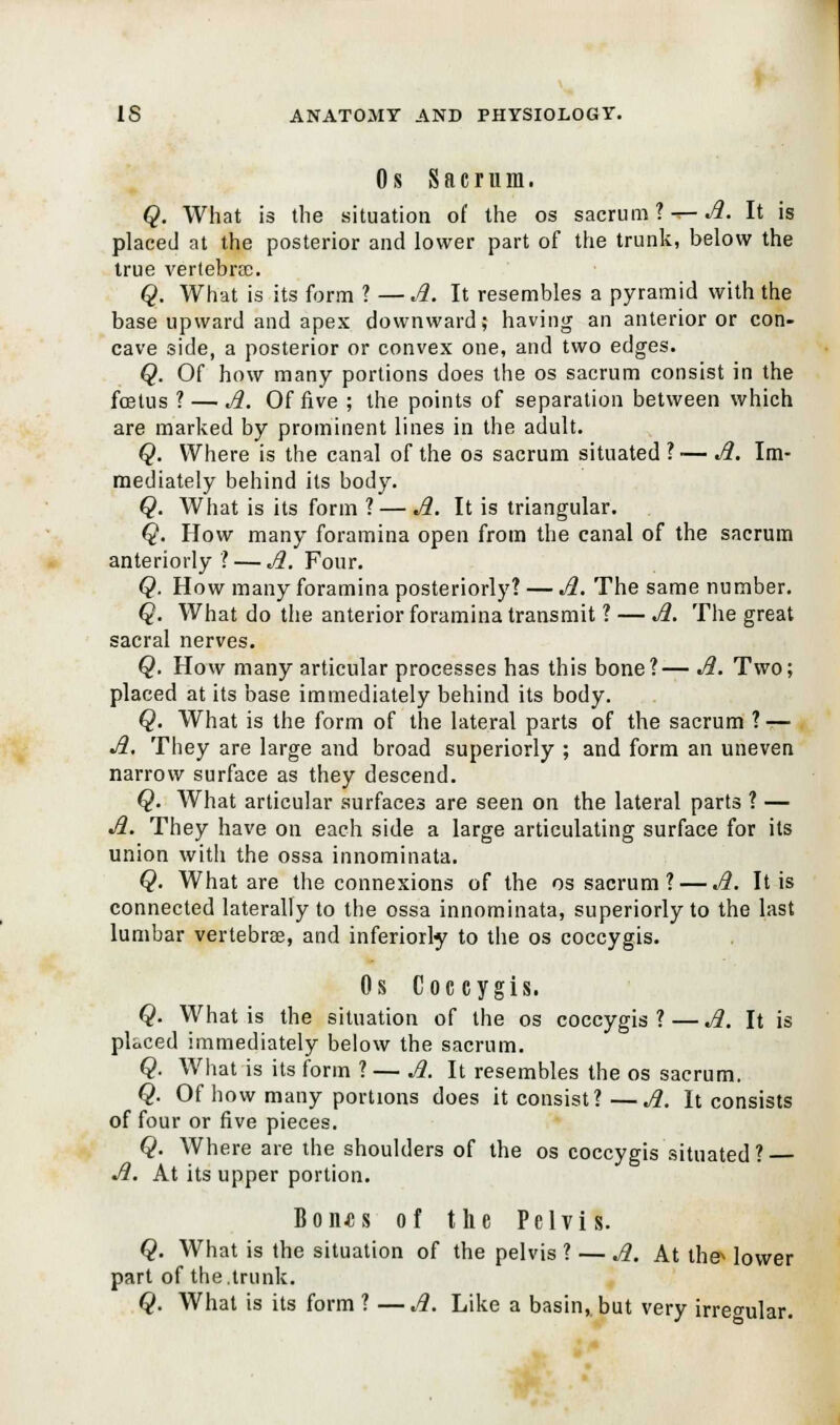 Os Sacrum. Q. What is the situation of the os sacrum ? ^— A. It is placed at the posterior and lower part of the trunk, below the true vertebrae. Q. What is its form ? —A. It resembles a pyramid with the base upward and apex downward; having an anterior or con- cave side, a posterior or convex one, and two edges. Q. Of how many portions does the os sacrum consist in the foetus ?— A. Of five ; the points of separation between which are marked by prominent lines in the adult. Q. Where is the canal of the os sacrum situated?—A. Im- mediately behind its body. Q. What is its form ? — A. It is triangular. Q. How many foramina open from the canal of the sacrum anteriorly? — A. Four. Q. How many foramina posteriorly? — A. The same number. Q. What do the anterior foramina transmit ? — A. The great sacral nerves. Q. How many articular processes has this bone?— A. Two; placed at its base immediately behind its body. Q. What is the form of the lateral parts of the sacrum ? — A. They are large and broad superiorly ; and form an uneven narrow surface as they descend. Q. What articular surfaces are seen on the lateral parts ? — A. They have on each side a large articulating surface for its union with the ossa innominata. Q. What are the connexions of the os sacrum ? — A. It is connected laterally to the ossa innominata, superiorly to the last lumbar vertebras, and inferiorly to the os coccygis. Os Coccygis. Q. What is the situation of the os coccygis ? — A. It is placed immediately below the sacrum. Q. What is its form ?— A. It resembles the os sacrum. Q. Of how many portions does it consist?—A. It consists of four or five pieces. Q. Where are the shoulders of the os coccygis situated? A. At its upper portion. Boius of the Pelvis. Q. What is the situation of the pelvis ? — A. At the-> lower part of the.trunk. Q. What is its form ? —A. Like a basin,, but very irregular.