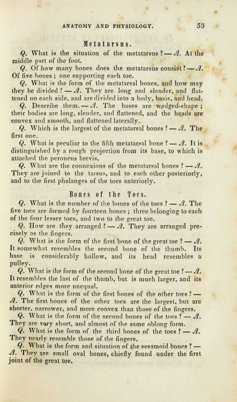 Metatarsus. Q. What is the situation of the metatarsus?—A. At the middle part of the foot. Q. Of how many bones does the metatarsus consist ? — A. Of five bones ; one supporting each toe. Q. What is the form of the metatarsal bones, and how may they be divided ? — A. They are long and slender, and flat- tened on each side, and are divided into a body, basis, and head. Q. Describe them. — A. The bases are wedged-shape ; their bodies are long, slender, and flattened, and the heads are convex and smooth, and flattened laterally. Q. Which is the largest of the metatarsal bones ? — A. The first one. Q. What is peculiar to the fifth metatarsal bone ? — A. Tt is distinguished by a rough projection from its base, to which is attached the peroneus brevis. Q. What are the connexions of the metatarsal bones ? —A. They are joined to the tarsus, and to each other posteriorly, and to the first phalanges of the toes anteriorly. Bones of the Toes. Q. What is the number of the bones of the toes ? — A. The five toes are formed by fourteen bones; three belonging to each of the four lesser toes, and two to the great toe. Q. How are they arranged ? — A. They are arranged pre- cisely as the fingers. Q. What is the form of the first bone of the great toe ? — A. It somewhat resembles the second bone of the thumb. Its base is considerably hollow, and its head resembles a pulley. Q. What is the form of the second bone of the great toe ? — A. It resembles the last of the thumb, but is much larger, and its anterior ed^es more unequal. Q. What is the form of the first bones of the other toes ? — A. The first bones of the other toes are the largest, but are shorter, narrower, and more convex than those of the fingers. Q. What is the form of the second bones of the toes ? — A. They are vary short, and almost of the same oblong form. Q. What is the form of the third bones of the toes ? — A. They nearly resemble those of the fingers. Q. What is the form and situation of the sesamoid bones ? — A. They are small oval bones, chiefly found under the first joint of the great toe.