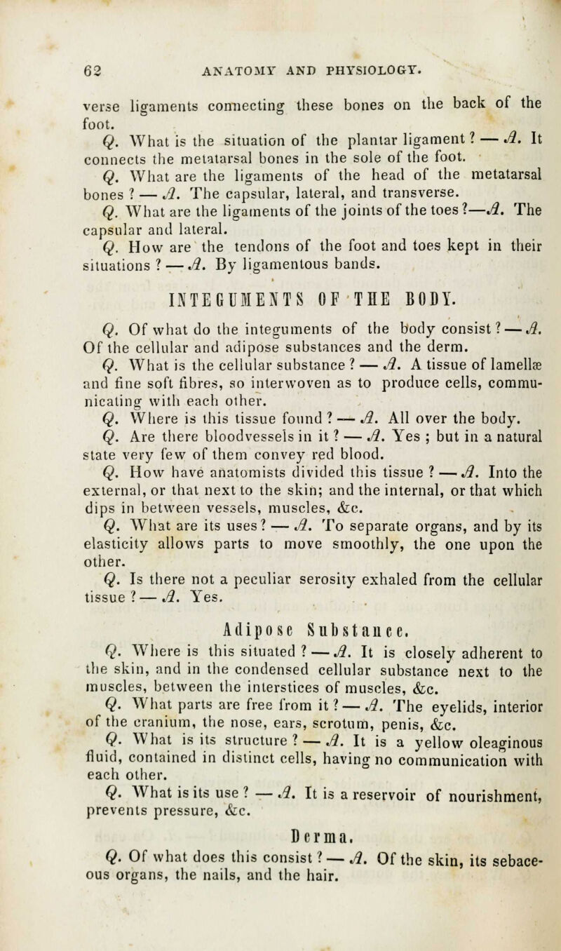 verse ligaments connecting these bones on the back of the foot. Q. What is the situation of the plantar ligament ? — A. It connects the metatarsal bones in the sole of the foot. Q. What are the ligaments of the head of the metatarsal bones ? — A. The capsular, lateral, and transverse. Q. What are the ligaments of the joints of the toes ?—A. The capsular and lateral. Q. How are the tendons of the foot and toes kept in their situations ? — A. By ligamentous bands. INTEGUMENTS OF THE BODY. Q. Of what do the integuments of the body consist ? — A. Of the cellular and adipose substances and the derm. Q. What is the cellular substance ? — A. A tissue of lamellae and fine soft fibres, so interwoven as to produce cells, commu- nicating with each other. Q. Where is this tissue found ? — A. All over the body. Q. Are there bloodvessels in it ? — A. Yes ; but in a natural state very few of them convey red blood. Q. How have anatomists divided this tissue ? —A. Into the external, or that next to the skin; and the internal, or that which dips in between vessels, muscles, &c. Q. What are its uses ? — A. To separate organs, and by its elasticity allows parts to move smoothly, the one upon the other. Q. Is there not a peculiar serosity exhaled from the cellular tissue ? — A. Yes. Adipose Substance. Q. Where is this situated 1 — A. It is closely adherent to the skin, and in the condensed cellular substance next to the muscles, between the interstices of muscles, &c. Q. What parts are free from it ? — A. The eyelids, interior of the cranium, the nose, ears, scrotum, penis, &c. Q. What is its structure ? — A. It is a yellow oleaginous fluid, contained in distinct cells, having no communication with each other. Q. What is its use ? — A. It is a reservoir of nourishment, prevents pressure, &c. Derma. Q. Of what does this consist ? — A. Of the skin, its sebace- ous organs, the nails, and the hair.