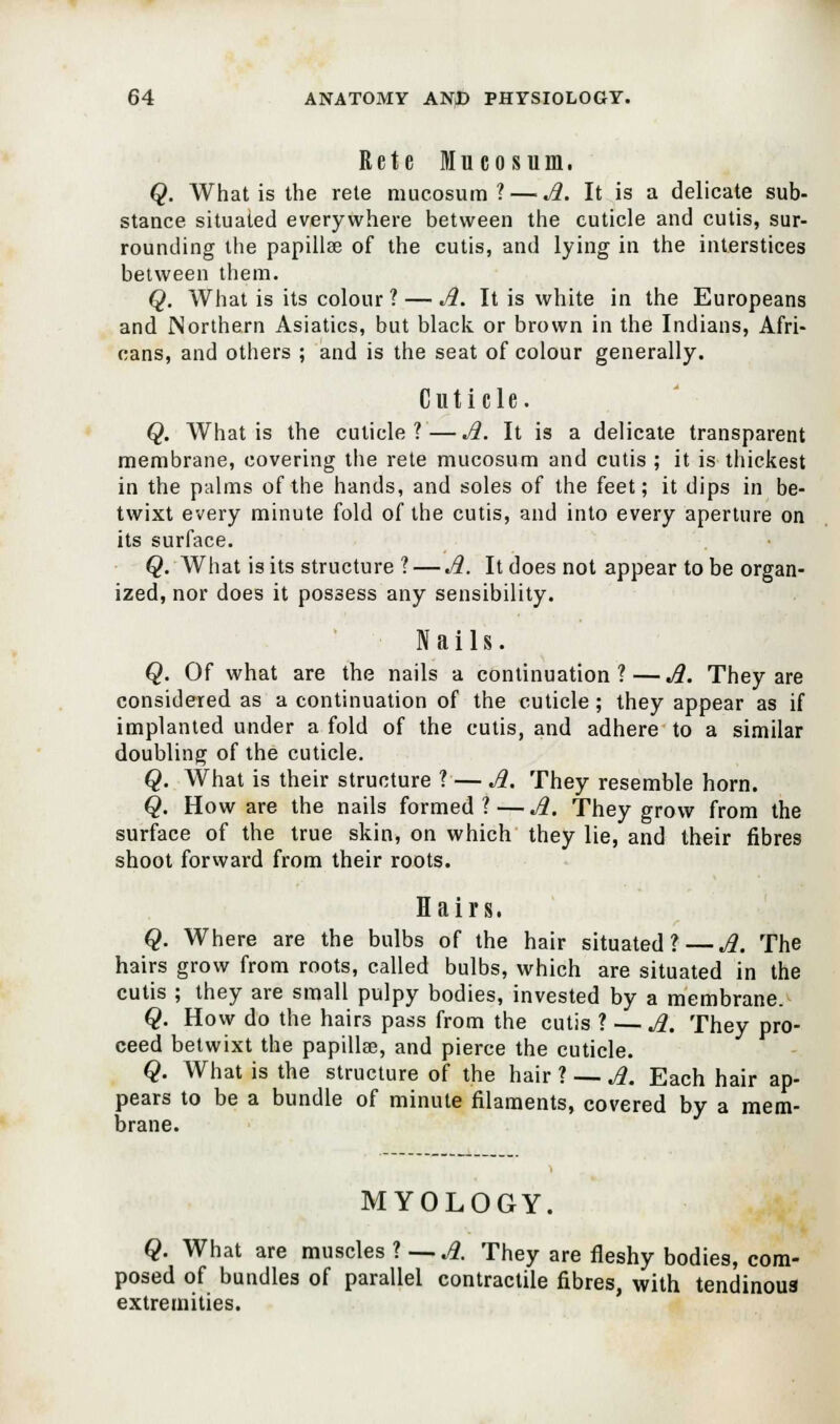 Rete Mm en sum. Q. What is the rete mucosum ? — A. It is a delicate sub- stance situated everywhere between the cuticle and cutis, sur- rounding the papillse of the cutis, and lying in the interstices between them. Q. What is its colour ?— A. It is white in the Europeans and Northern Asiatics, but black or brown in the Indians, Afri- cans, and others ; and is the seat of colour generally. Cuticle. Q. What is the cuticle?—A. It is a delicate transparent membrane, covering the rete mucosum and cutis ; it is thickest in the palms of the hands, and soles of the feet; it dips in be- twixt every minute fold of the cutis, and into every aperture on its surface. Q. What is its structure ?— A. It does not appear to be organ- ized, nor does it possess any sensibility. Nails. Q. Of what are the nails a continuation?—A. They are considered as a continuation of the cuticle; they appear as if implanted under a fold of the cutis, and adhere to a similar doubling of the cuticle. Q. What is their structure ? — A. They resemble horn. Q. How are the nails formed? — A. They grow from the surface of the true skin, on which they lie, and their fibres shoot forward from their roots. Hairs. Q. Where are the bulbs of the hair situated?—A. The hairs grow from roots, called bulbs, which are situated in the cutis ; they are small pulpy bodies, invested by a membrane. Q. How do the hairs pass from the cutis ? — A. They pro- ceed betwixt the papillae, and pierce the cuticle. Q. What is the structure of the hair ? 1. Each hair ap- pears to be a bundle of minute filaments, covered by a mem- brane. MYOLOGY. Q. What are muscles ? —.d. They are fleshy bodies, com- posed of bundles of parallel contractile fibres, with tendinous extremities.