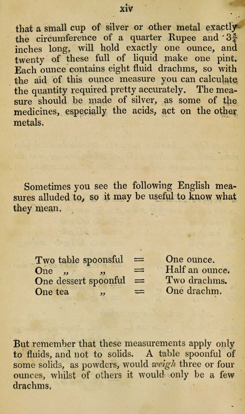 that a small cup of silver or other metal exactly*- the circumference of a quarter Rupee and ' 3f inches long, will hold exactly one ounce, and twenty of these full of liquid make one pint. Each ounce contains eight fluid drachms, so with the aid of this ounce measure you can calculate the quantity required pretty accurately. The mea- sure should be made of silver, as some of the medicines, especially the acids, act on the other metals. Sometimes you see the following English mea- sures alluded to, so it may be useful to know what they mean. Two table spoonsful = One „ „ — One dessert spoonful = One tea „ = One ounce. Half an ounce. Two drachms. One drachm. But remember that these measurements apply only to fluids, and not to solids. A table spoonful of some solids, as powders, would weigh three or four ounces, whilst of others it would only be a few drachms,