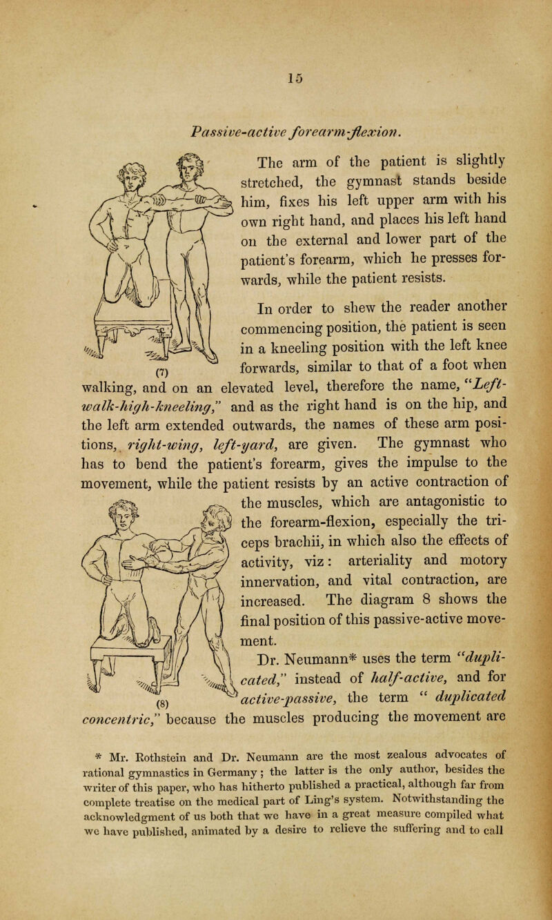 15 Passive-active forearm -flexion. The arm of the patient is slightly stretched, the gymnast stands beside him, fixes his left upper arm with his own right hand, and places his left hand on the external and lower part of the patient's forearm, which he presses for- wards, while the patient resists. In order to shew the reader another commencing position, the patient is seen in a kneeling position with the left knee forwards, similar to that of a foot when walking, and on an elevated level, therefore the name, Left- walk-high-kneeling, and as the right hand is on the hip, and the left arm extended outwards, the names of these arm posi- tions, right-wing, left-yard, are given. The gymnast who has to bend the patient's forearm, gives the impulse to the movement, while the patient resists by an active contraction of the muscles, which are antagonistic to the forearm-flexion, especially the tri- ceps brachii, in which also the effects of activity, viz: arteriality and motory innervation, and vital contraction, are increased. The diagram 8 shows the final position of this passive-active move- ment. Dr. Neumann* uses the term dupli- cated, instead of half active, and for active-passive, the term  duplicated concentric because the muscles producing the movement are * Mr. Rothstein and Dr. Neumann are the most zealous advocates of rational gymnastics in Germany ; the latter is the only author, besides the writer of this paper, who has hitherto published a practical, although far from complete treatise on the medical part of Ling's system. Notwithstanding the acknowledgment of us both that we have in a great measure compiled what we have published, animated by a desire to relieve the suffering and to call