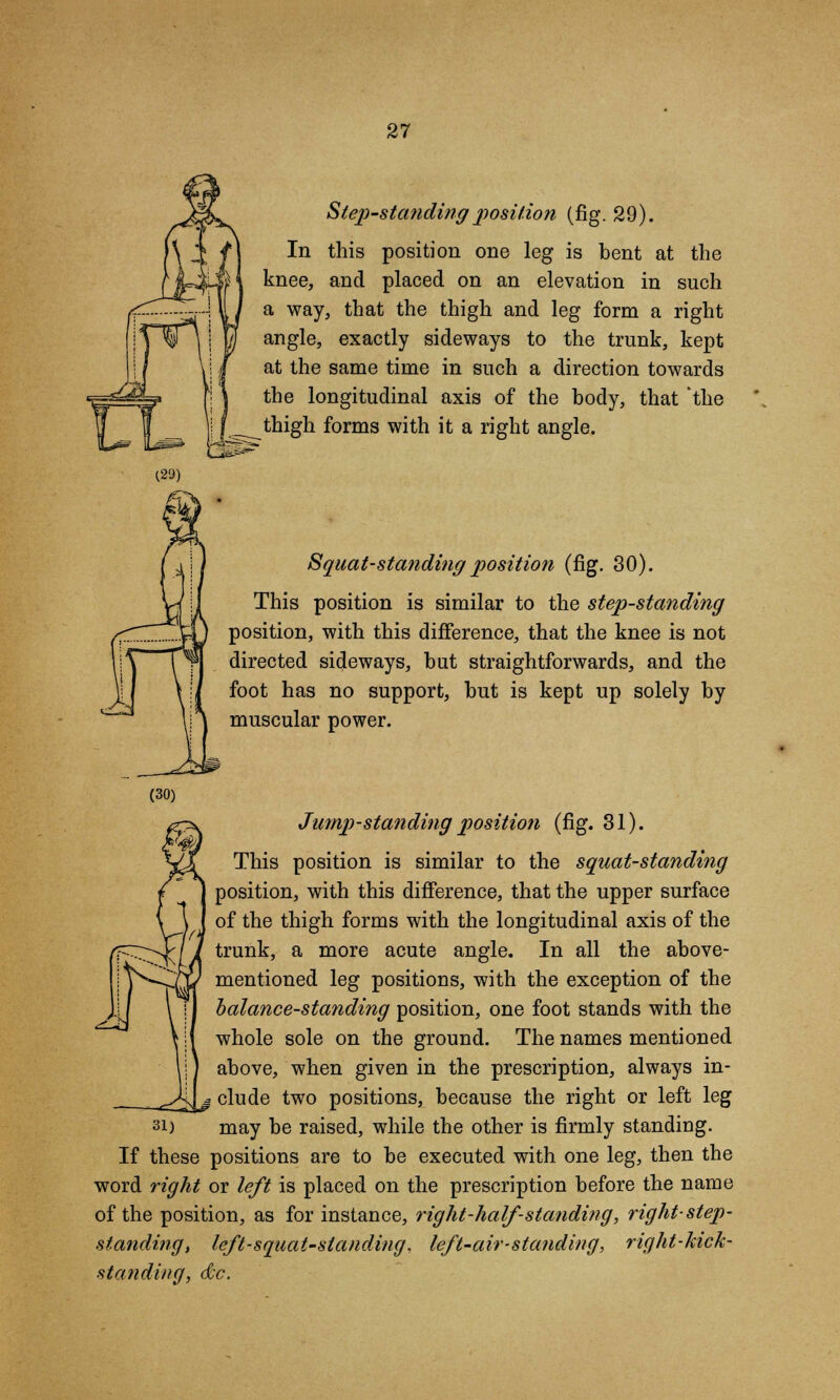 Step-standing position (fig. 29). In this position one leg is bent at the knee, and placed on an elevation in such a way, that the thigh and leg form a right angle, exactly sideways to the trunk, kept at the same time in such a direction towards the longitudinal axis of the body, that 'the thigh forms with it a right angle. Squat-statiding position (fig. 30). This position is similar to the step-standing position, with this difference, that the knee is not directed sideways, but straightforwards, and the foot has no support, but is kept up solely by muscular power. Jump-standing position (fig. 31). This position is similar to the squat-standing position, with this difference, that the upper surface of the thigh forms with the longitudinal axis of the trunk, a more acute angle. In all the above- mentioned leg positions, with the exception of the balance-standing position, one foot stands with the whole sole on the ground. The names mentioned above, when given in the prescription, always in- clude two positions, because the right or left leg si) may be raised, while the other is firmly standing. If these positions are to be executed with one leg, then the word right or left is placed on the prescription before the name of the position, as for instance, right-half standing, right-step- standing, left-squat-standing; left-air-standing, right-hick- standing, dc.