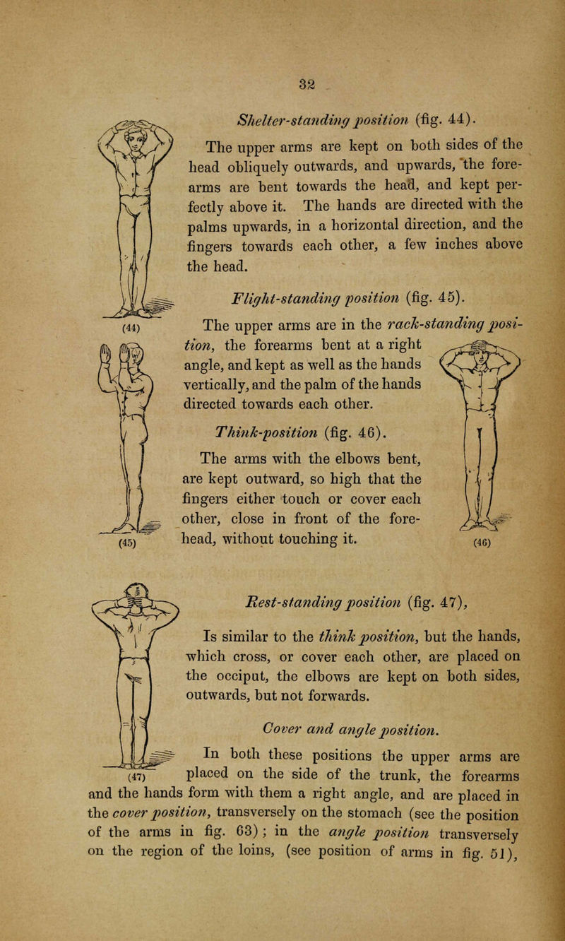 Shelter-standing position (fig. 44). The upper arms are kept on both sides of the head obliquely outwards, and upwards, the fore- arms are bent towards the head, and kept per- fectly above it. The hands are directed with the palms upwards, in a horizontal direction, and the fingers towards each other, a few inches above the head. Flight-standing 'position (fig. 45). The upper arms are in the rack-standing posi- tion, the forearms bent at a right angle, and kept as well as the hands vertically, and the palm of the hands directed towards each other. Think-position (fig. 46). The arms with the elbows bent, are kept outward, so high that the fingers either touch or cover each other, close in front of the fore- head, without touching it. Rest-standing position (fig. 47), Is similar to the think position, but the hands, which cross, or cover each other, are placed on the occiput, the elbows are kept on both sides, outwards, but not forwards. Cover and angle position. In both these positions the upper arms are placed on the side of the trunk, the forearms and the hands form with them a right angle, and are placed in the cover position, transversely on the stomach (see the position of the arms in fig. 63); in the angle position transversely on the region of the loins, (see position of arms in fig. b\),